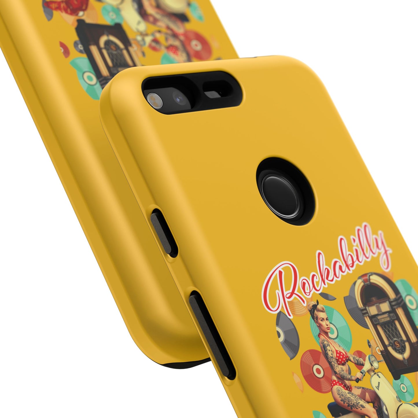 Rockabilly Phone Case, Vintage Scooter Design, Retro Style Cover, Fun Gift for Music Lovers, Yellow Tough Cases
