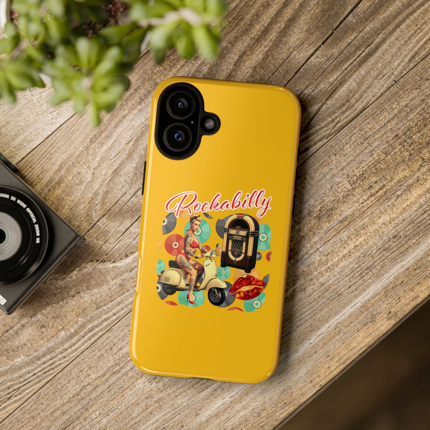 Rockabilly Phone Case, Vintage Scooter Design, Retro Style Cover, Fun Gift for Music Lovers, Yellow Tough Cases