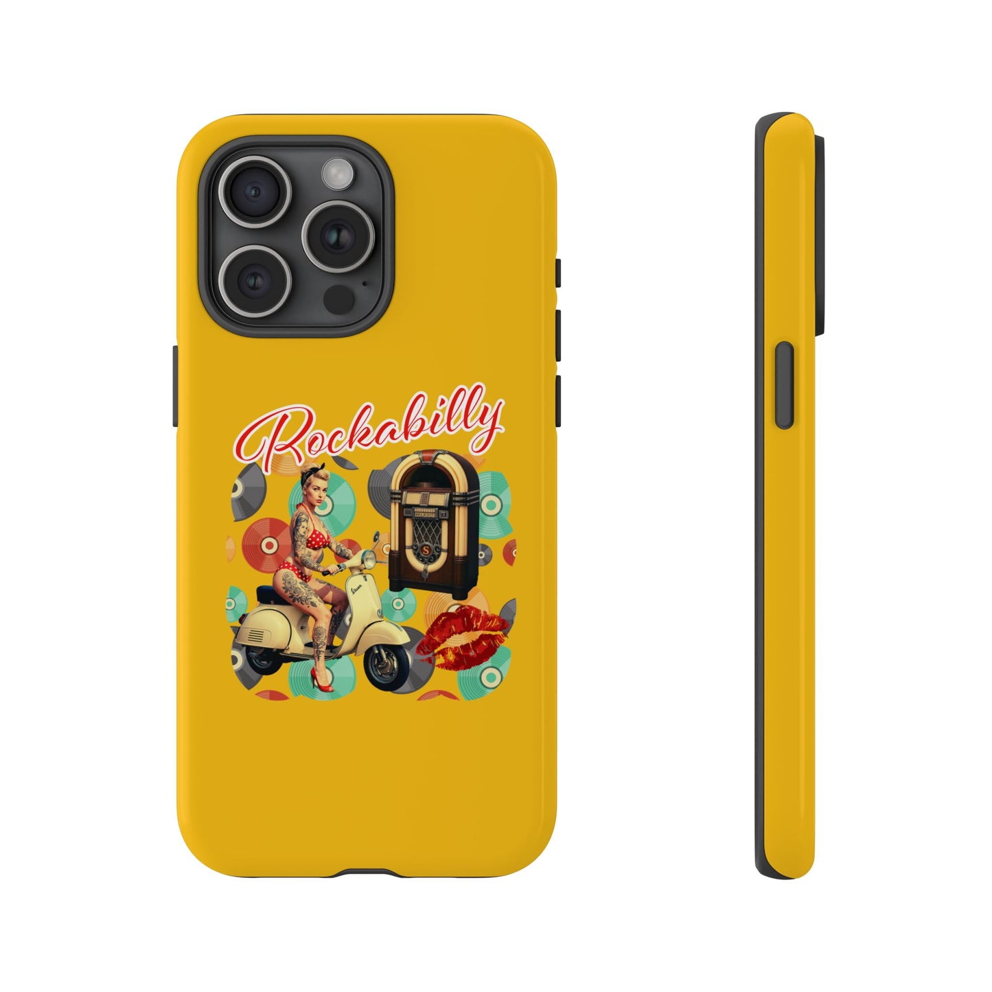 Rockabilly Phone Case, Vintage Scooter Design, Retro Style Cover, Fun Gift for Music Lovers, Yellow Tough Cases