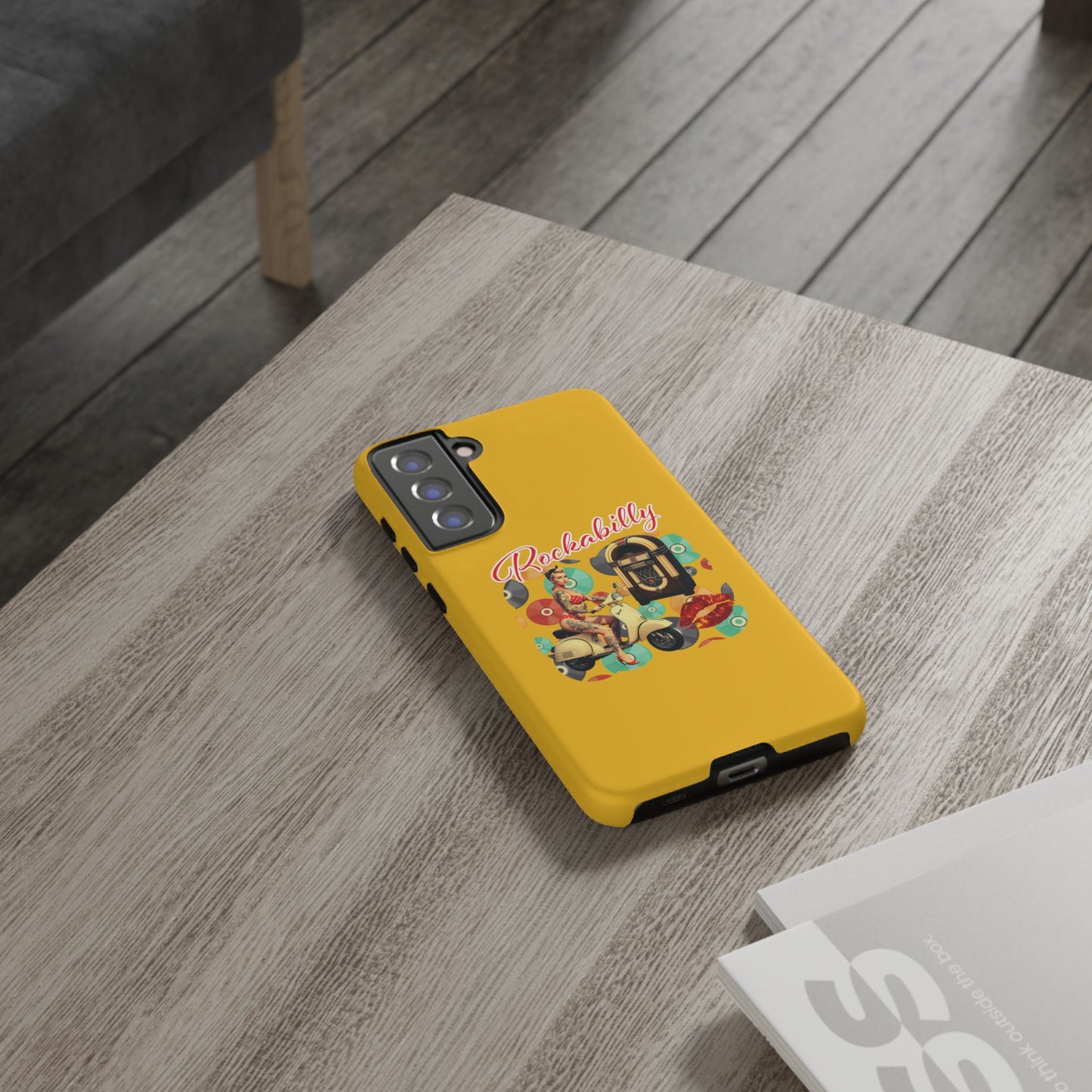 Rockabilly Phone Case, Vintage Scooter Design, Retro Style Cover, Fun Gift for Music Lovers, Yellow Tough Cases