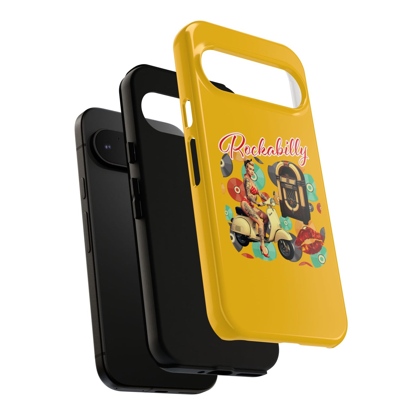 Rockabilly Phone Case, Vintage Scooter Design, Retro Style Cover, Fun Gift for Music Lovers, Yellow Tough Cases