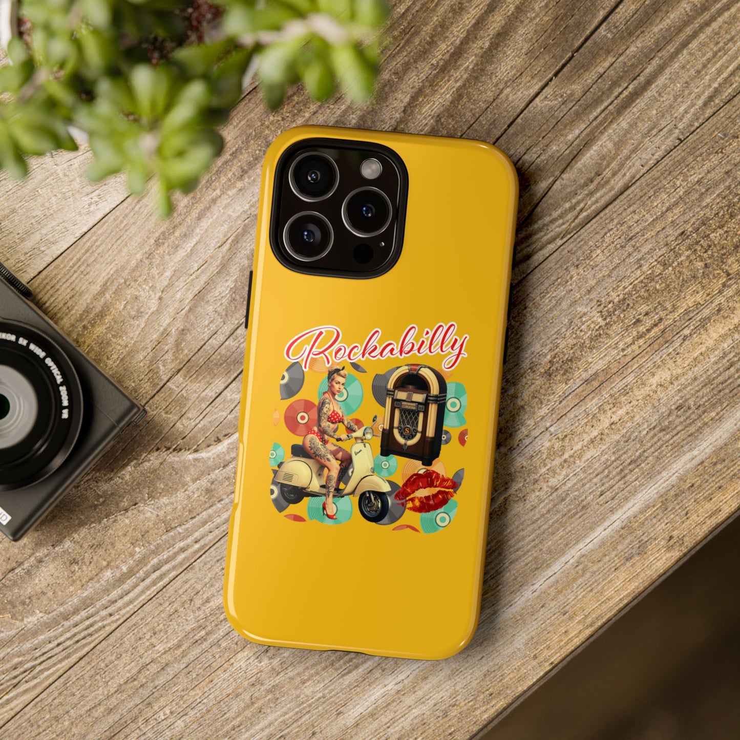 Rockabilly Phone Case, Vintage Scooter Design, Retro Style Cover, Fun Gift for Music Lovers, Yellow Tough Cases
