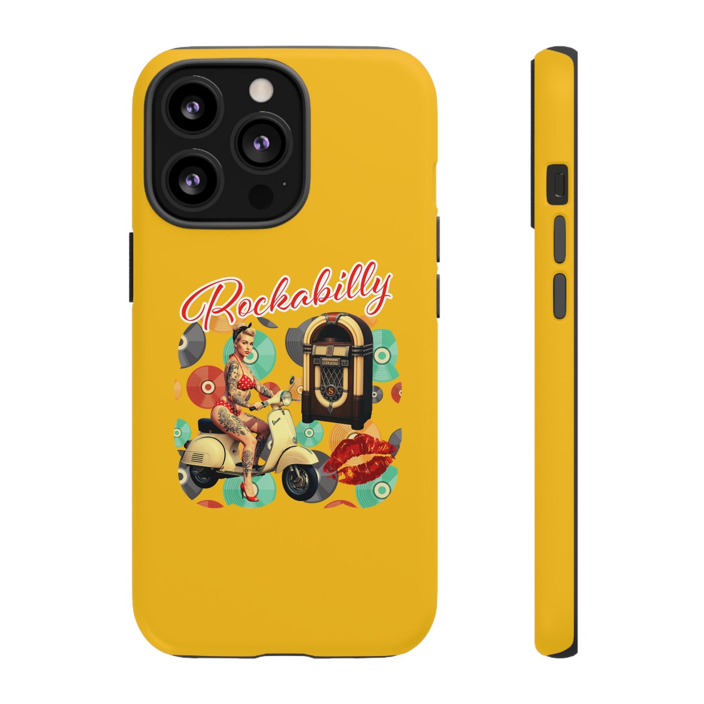 Rockabilly Phone Case, Vintage Scooter Design, Retro Style Cover, Fun Gift for Music Lovers, Yellow Tough Cases