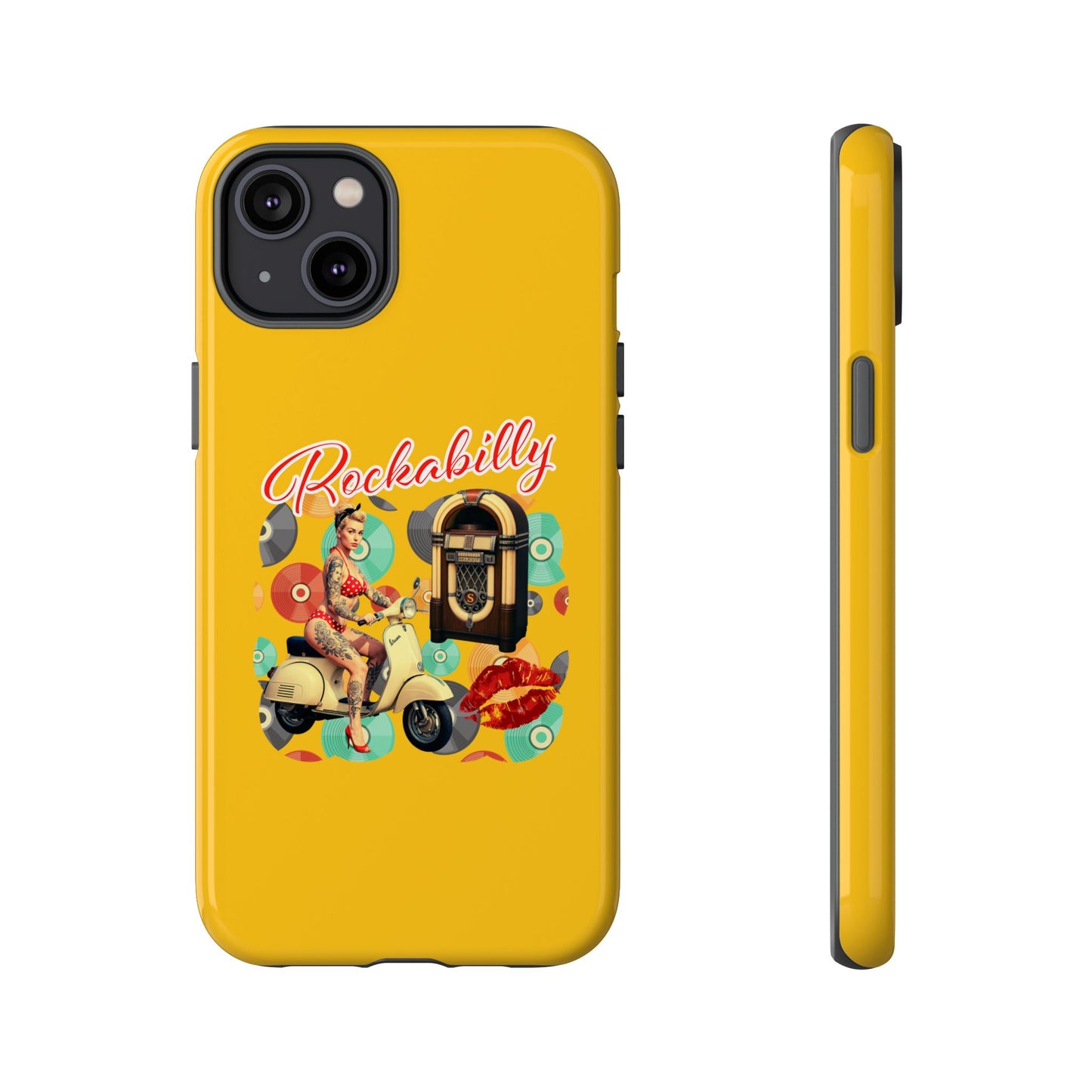 Rockabilly Phone Case, Vintage Scooter Design, Retro Style Cover, Fun Gift for Music Lovers, Yellow Tough Cases