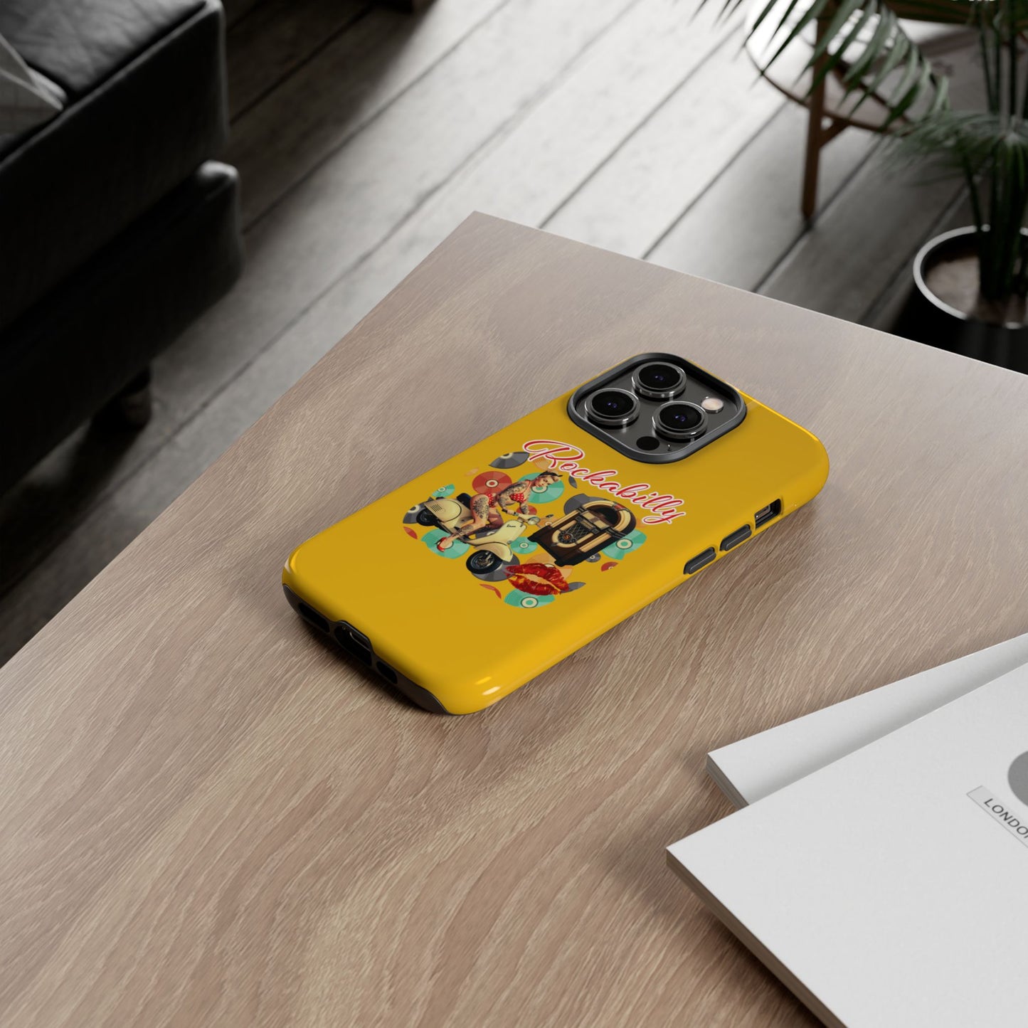 Rockabilly Phone Case, Vintage Scooter Design, Retro Style Cover, Fun Gift for Music Lovers, Yellow Tough Cases