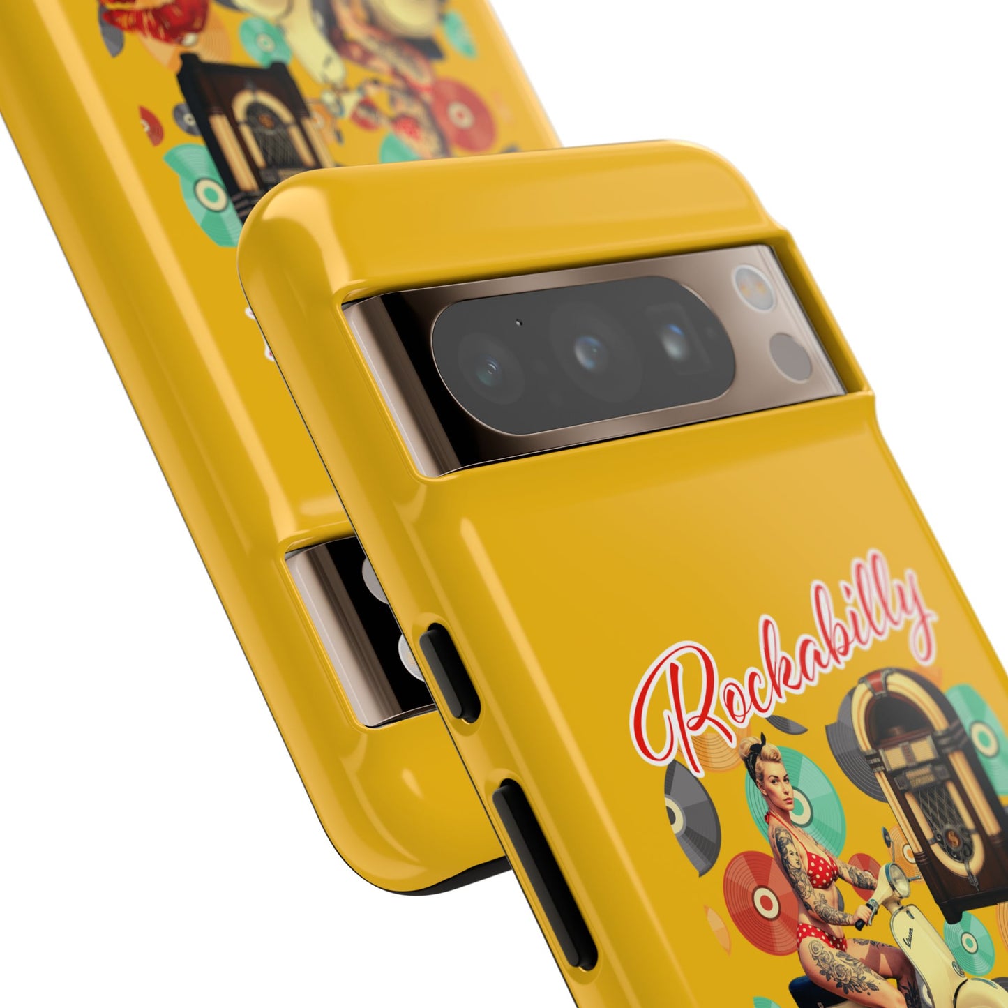 Rockabilly Phone Case, Vintage Scooter Design, Retro Style Cover, Fun Gift for Music Lovers, Yellow Tough Cases