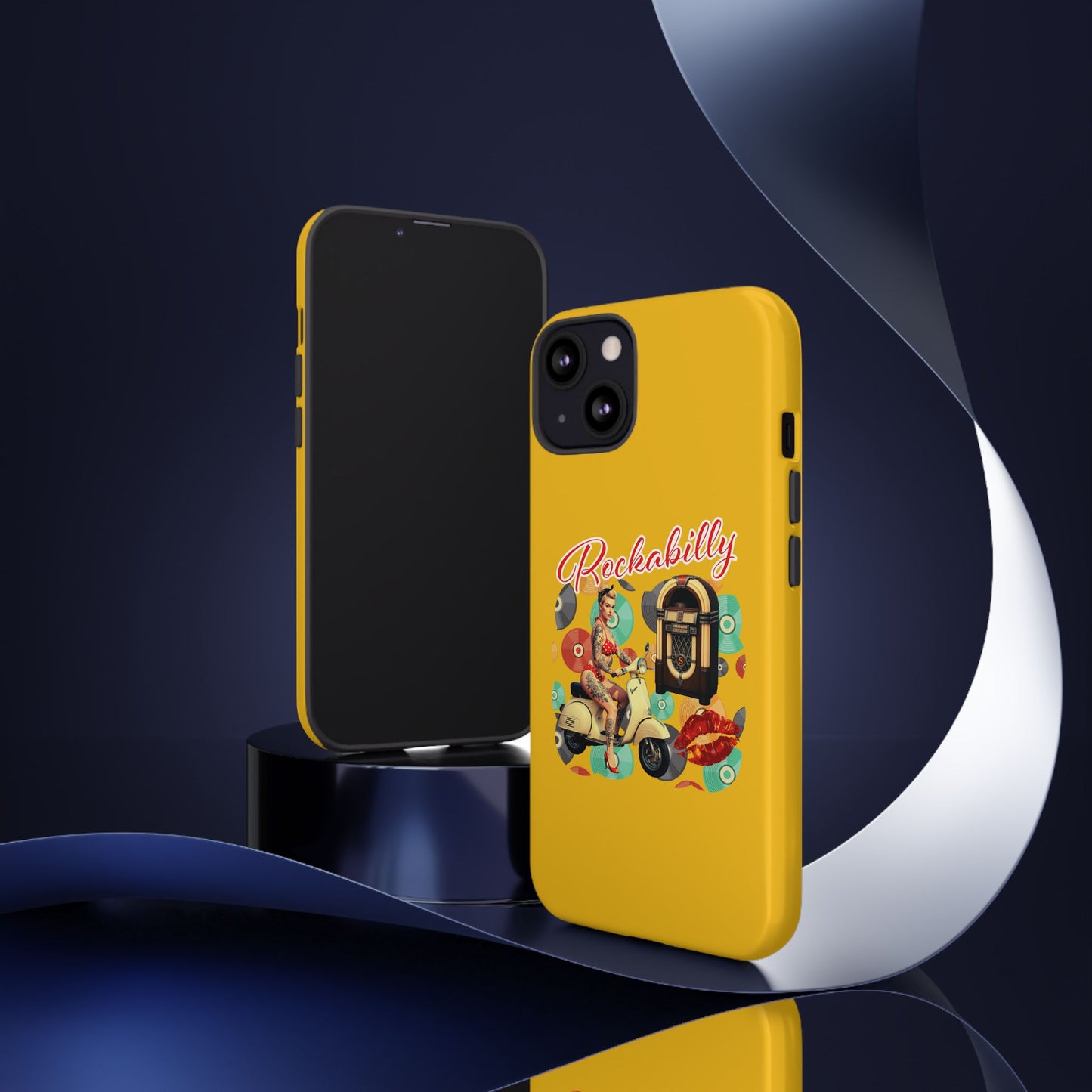 Rockabilly Phone Case, Vintage Scooter Design, Retro Style Cover, Fun Gift for Music Lovers, Yellow Tough Cases