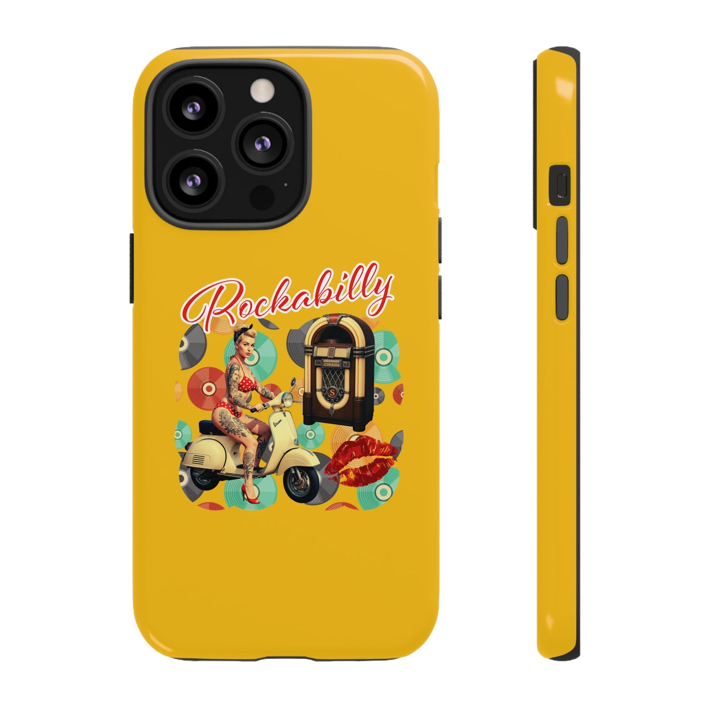 Rockabilly Phone Case, Vintage Scooter Design, Retro Style Cover, Fun Gift for Music Lovers, Yellow Tough Cases