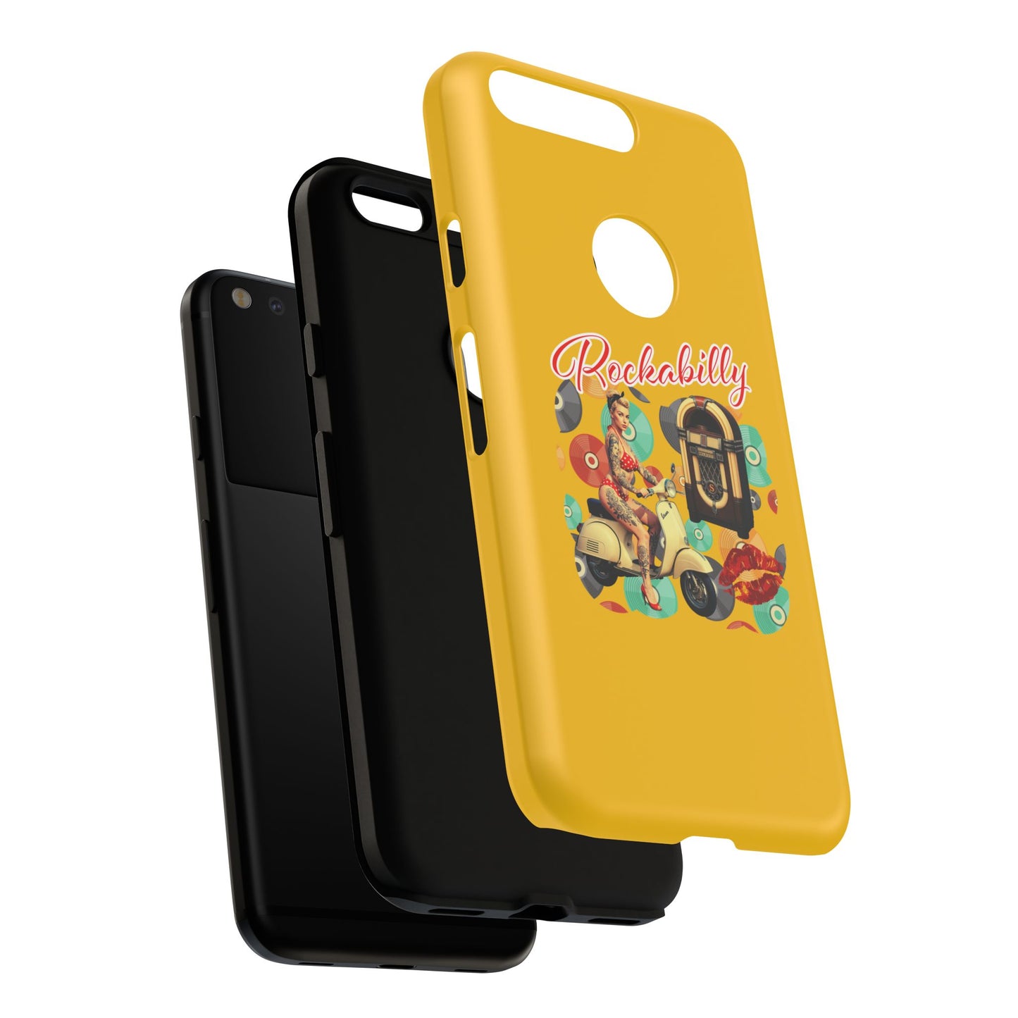 Rockabilly Phone Case, Vintage Scooter Design, Retro Style Cover, Fun Gift for Music Lovers, Yellow Tough Cases
