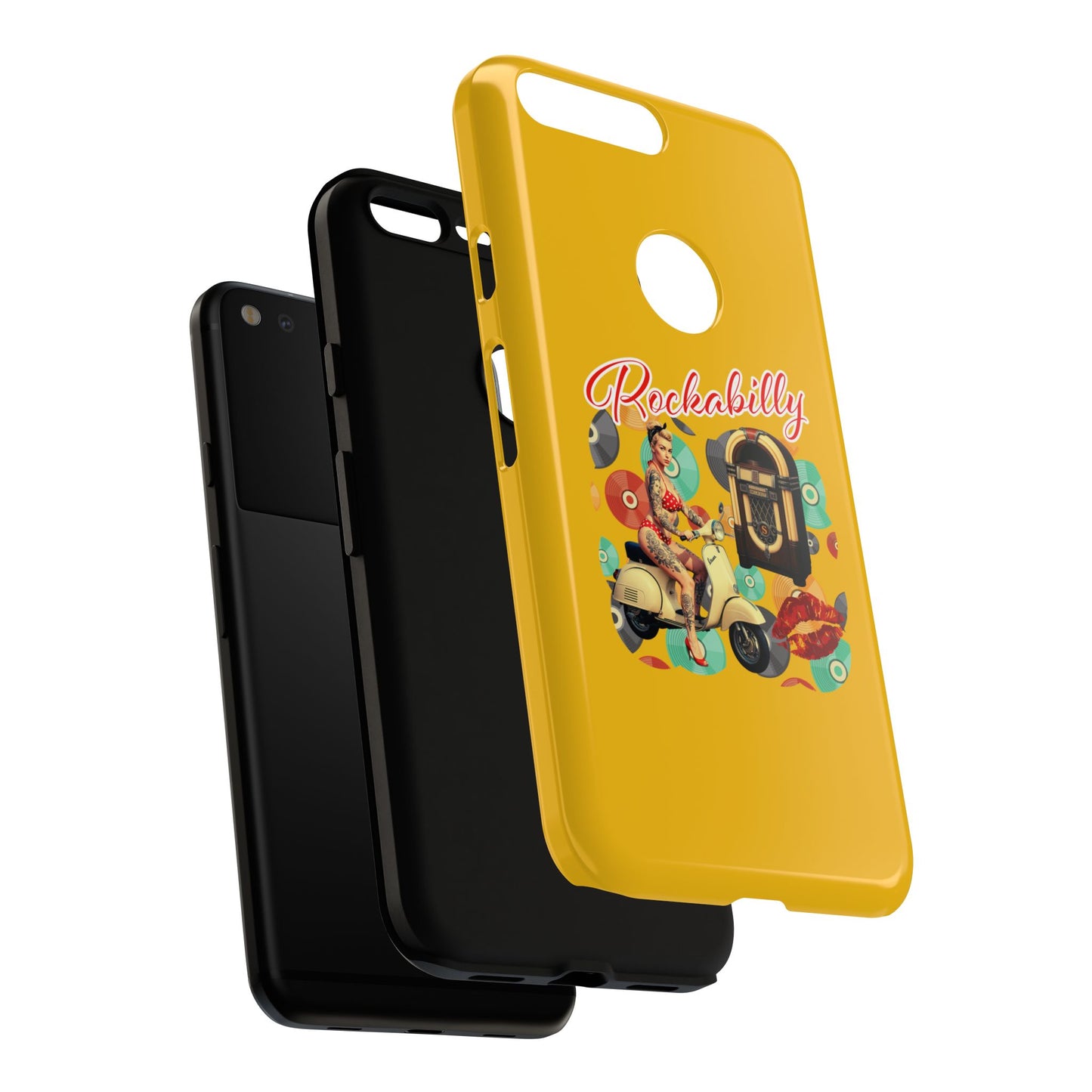 Rockabilly Phone Case, Vintage Scooter Design, Retro Style Cover, Fun Gift for Music Lovers, Yellow Tough Cases