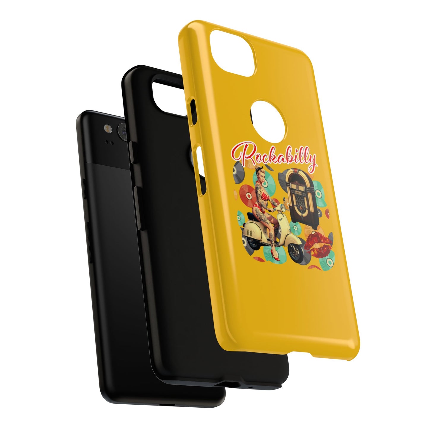 Rockabilly Phone Case, Vintage Scooter Design, Retro Style Cover, Fun Gift for Music Lovers, Yellow Tough Cases