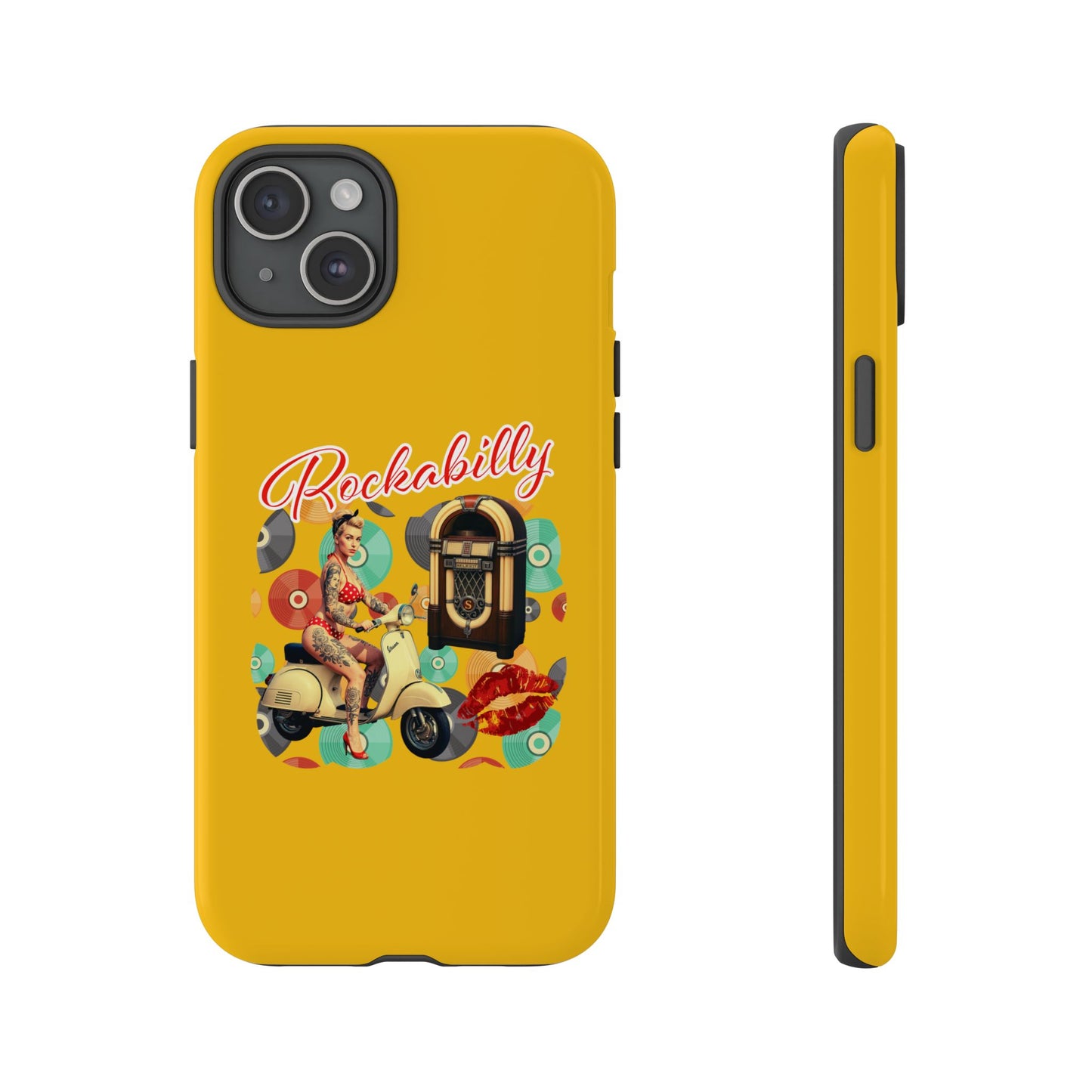 Rockabilly Phone Case, Vintage Scooter Design, Retro Style Cover, Fun Gift for Music Lovers, Yellow Tough Cases