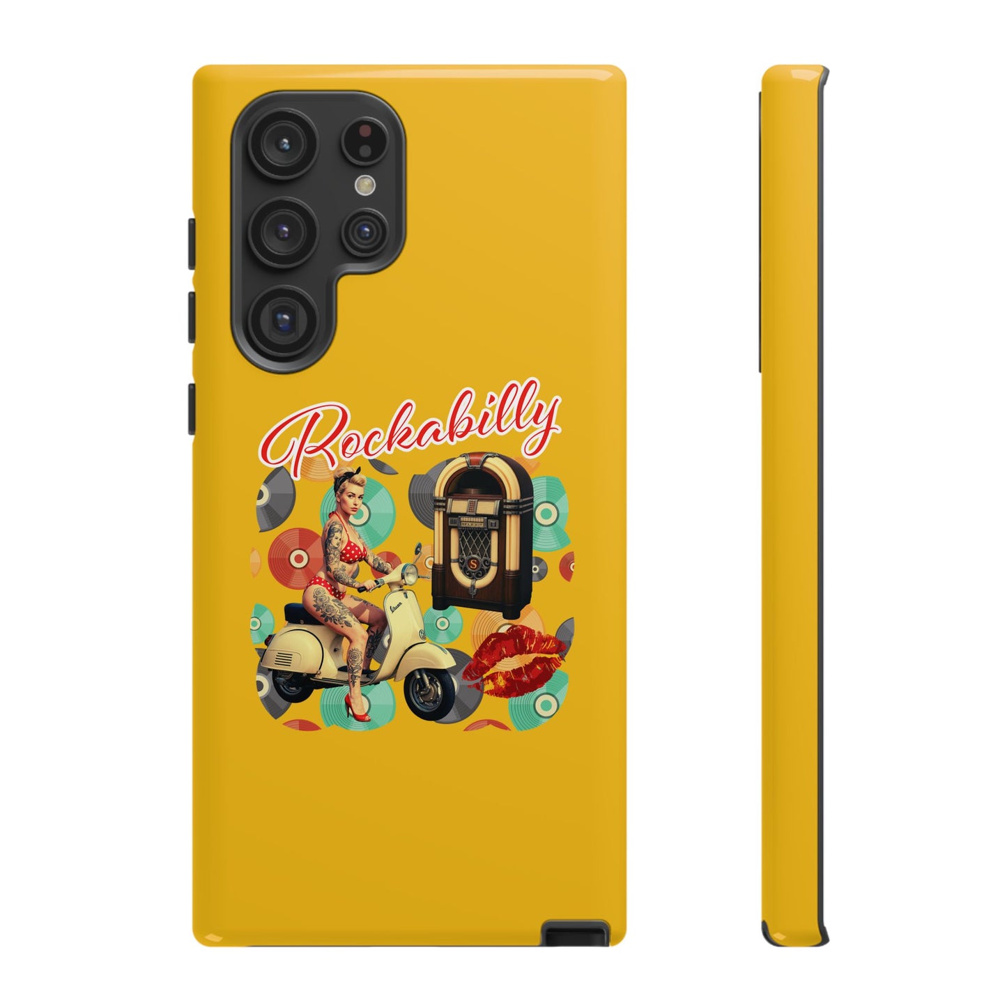 Rockabilly Phone Case, Vintage Scooter Design, Retro Style Cover, Fun Gift for Music Lovers, Yellow Tough Cases