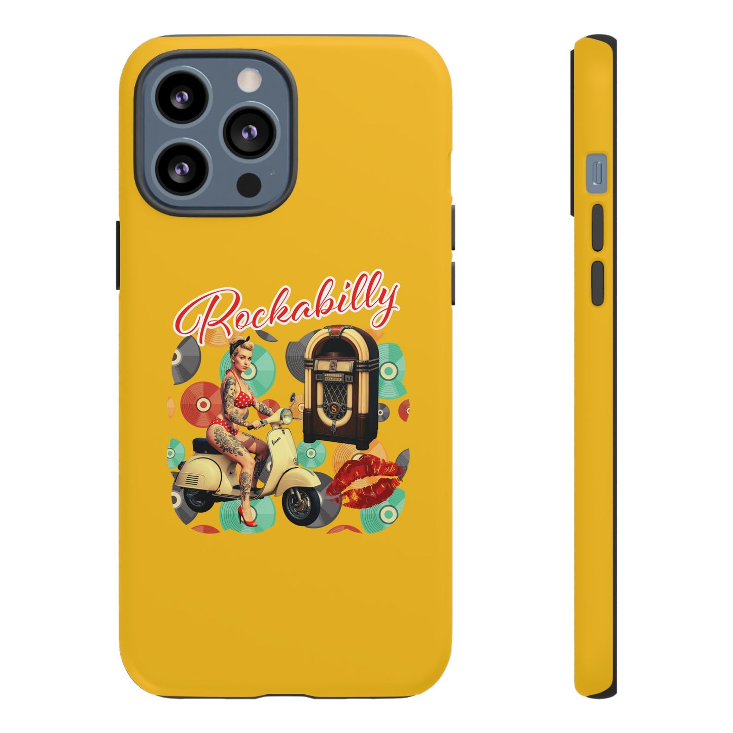 Rockabilly Phone Case, Vintage Scooter Design, Retro Style Cover, Fun Gift for Music Lovers, Yellow Tough Cases