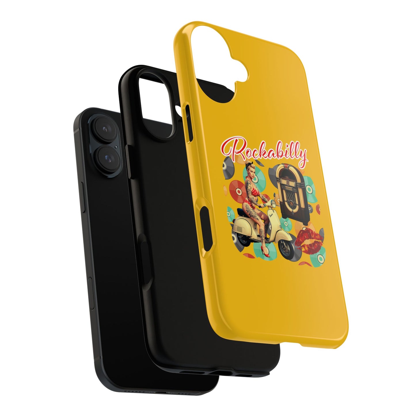 Rockabilly Phone Case, Vintage Scooter Design, Retro Style Cover, Fun Gift for Music Lovers, Yellow Tough Cases