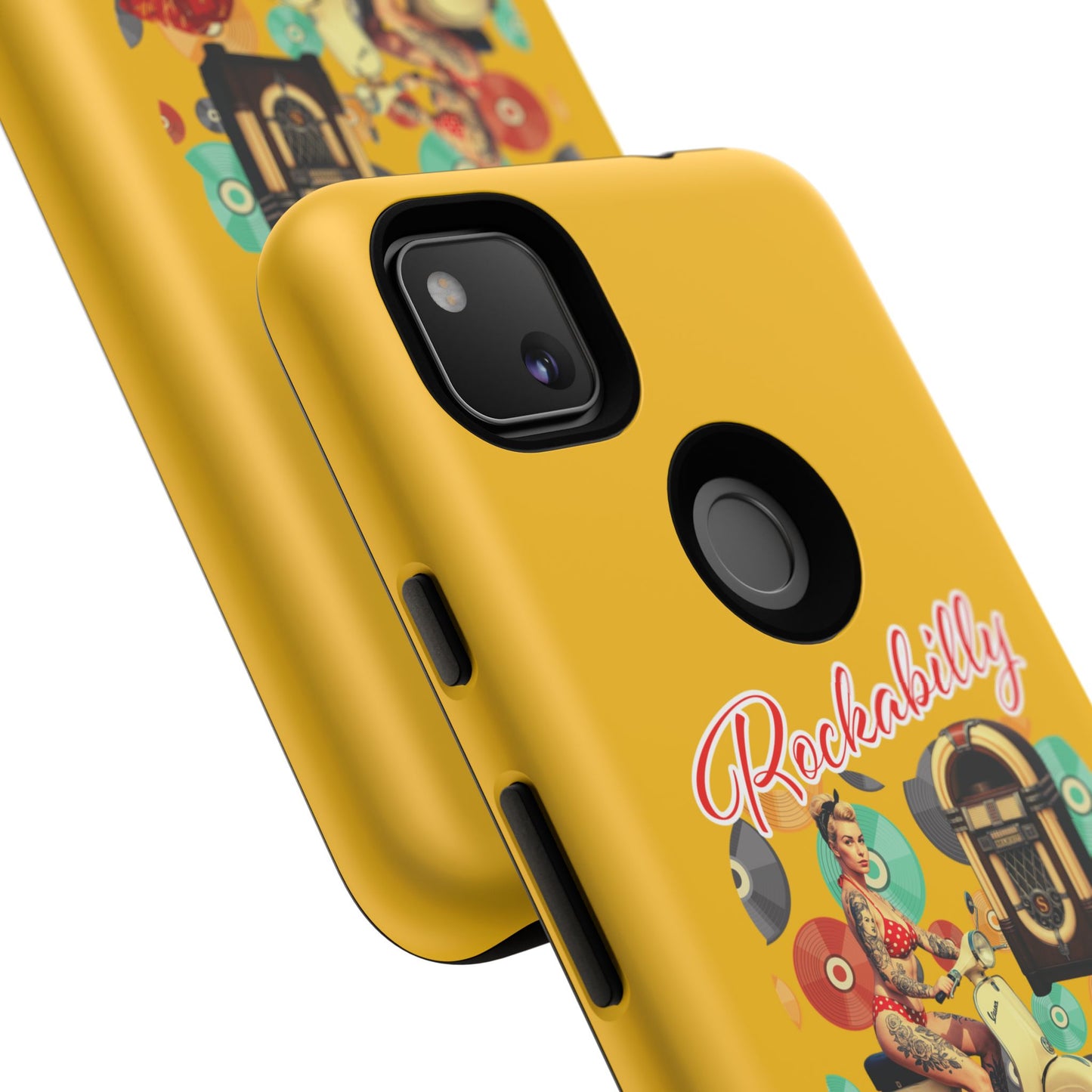 Rockabilly Phone Case, Vintage Scooter Design, Retro Style Cover, Fun Gift for Music Lovers, Yellow Tough Cases