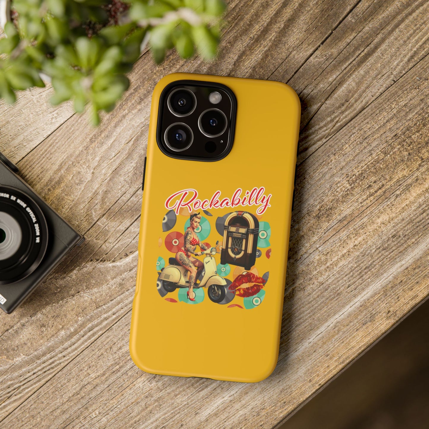 Rockabilly Phone Case, Vintage Scooter Design, Retro Style Cover, Fun Gift for Music Lovers, Yellow Tough Cases
