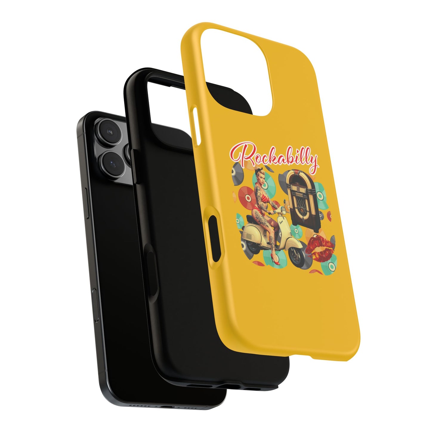 Rockabilly Phone Case, Vintage Scooter Design, Retro Style Cover, Fun Gift for Music Lovers, Yellow Tough Cases