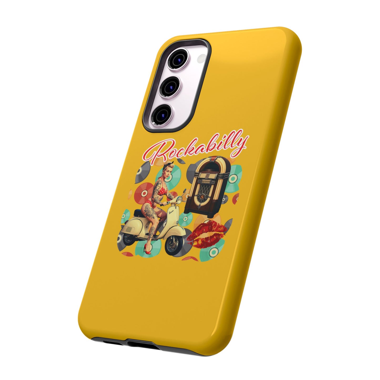 Rockabilly Phone Case, Vintage Scooter Design, Retro Style Cover, Fun Gift for Music Lovers, Yellow Tough Cases