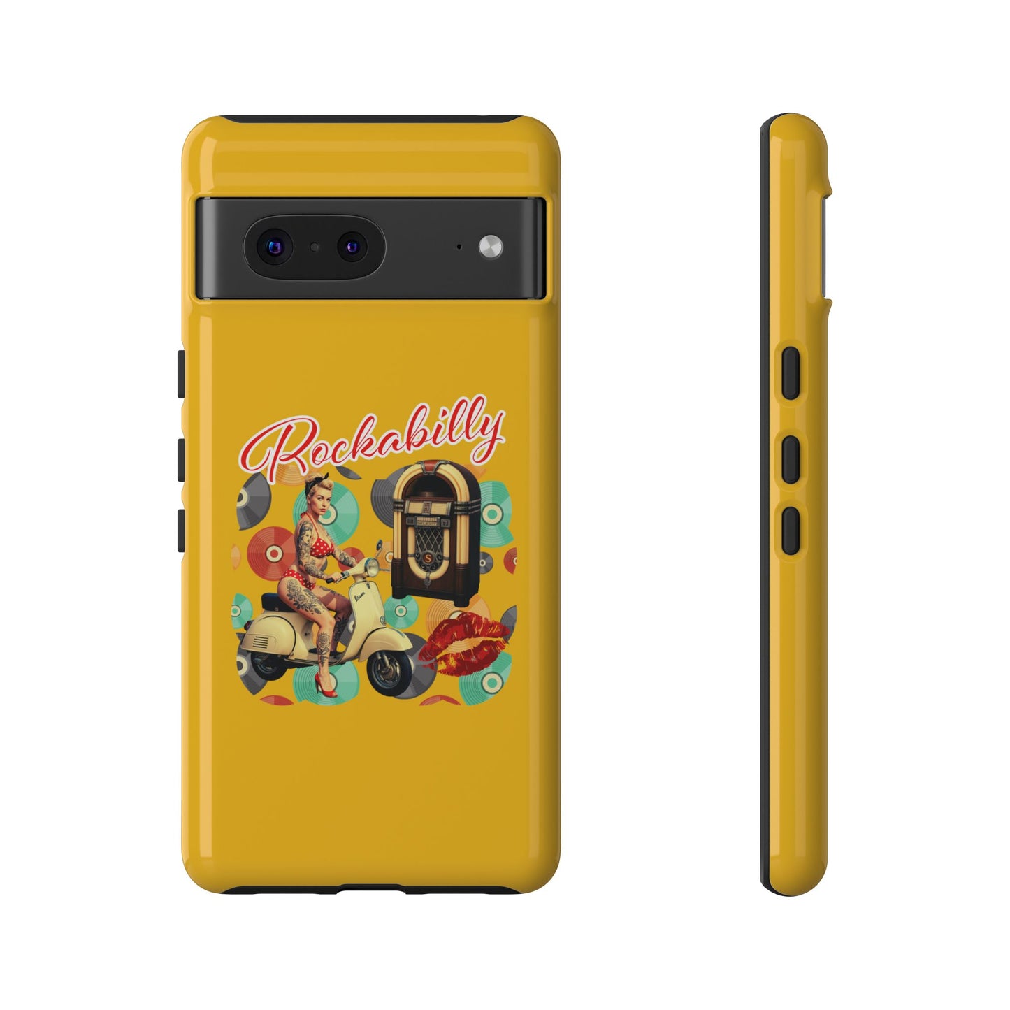 Rockabilly Phone Case, Vintage Scooter Design, Retro Style Cover, Fun Gift for Music Lovers, Yellow Tough Cases