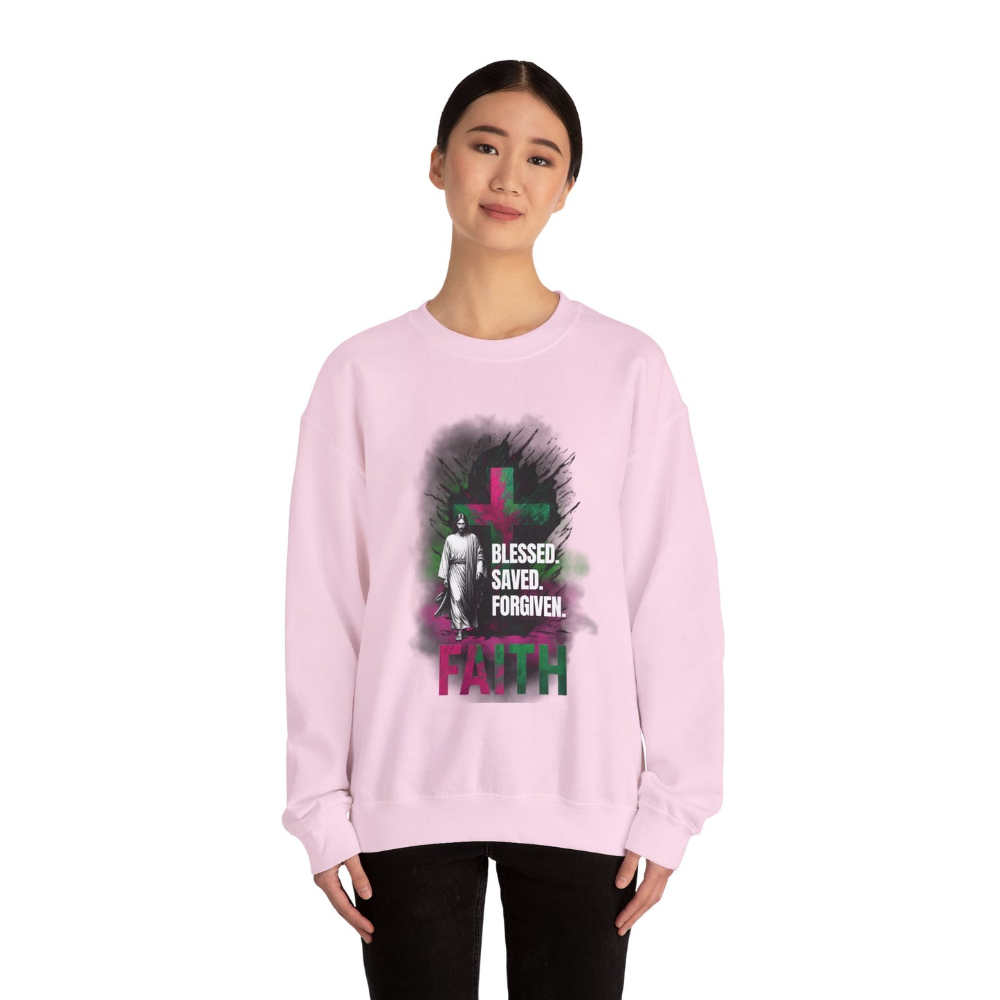 Jesus mit Faith und Spruch Blessed -Saved -Forgiven Sweatshirt