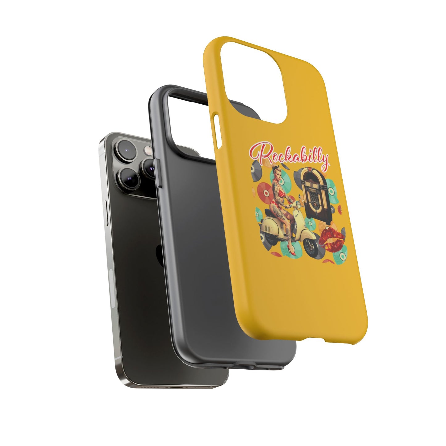 Rockabilly Phone Case, Vintage Scooter Design, Retro Style Cover, Fun Gift for Music Lovers, Yellow Tough Cases