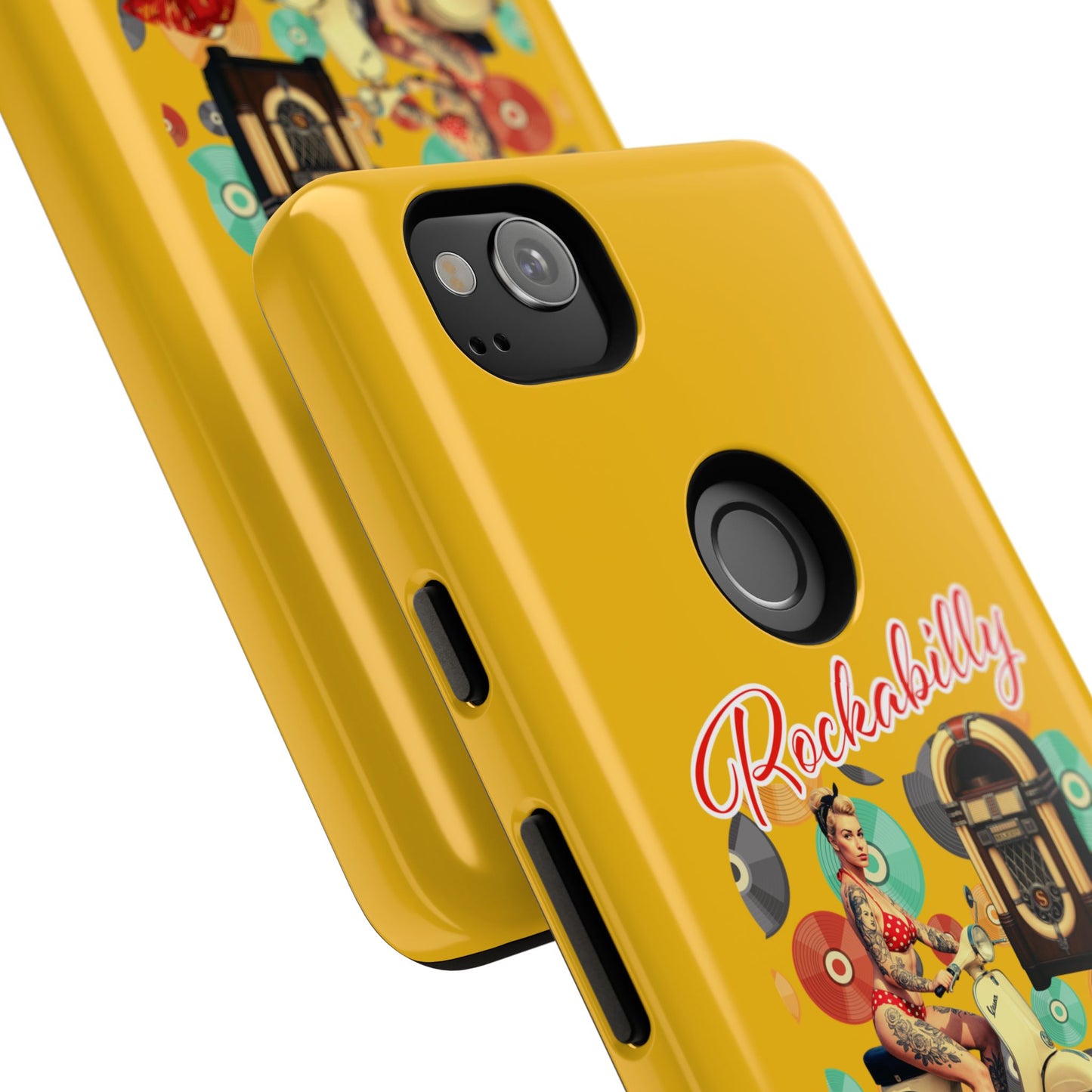Rockabilly Phone Case, Vintage Scooter Design, Retro Style Cover, Fun Gift for Music Lovers, Yellow Tough Cases