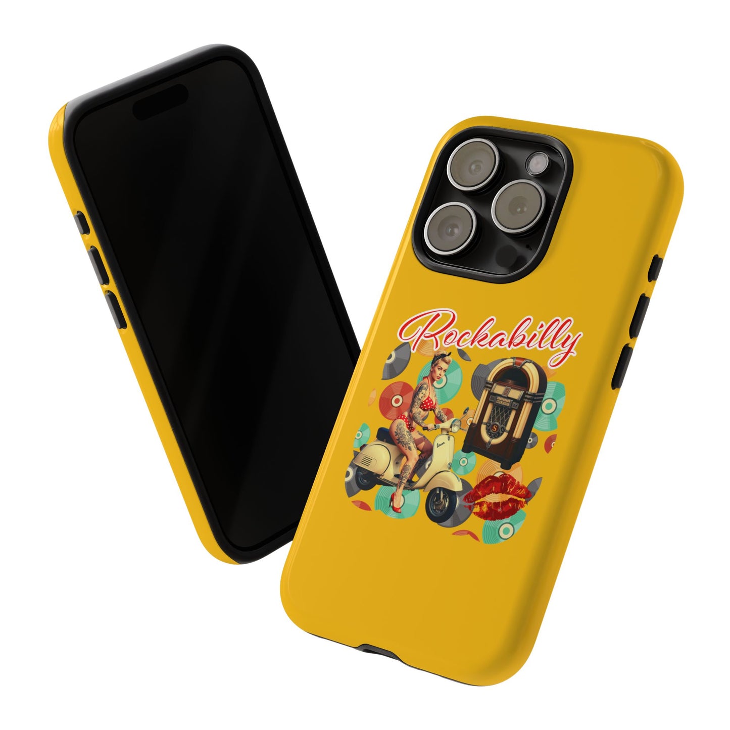 Rockabilly Phone Case, Vintage Scooter Design, Retro Style Cover, Fun Gift for Music Lovers, Yellow Tough Cases