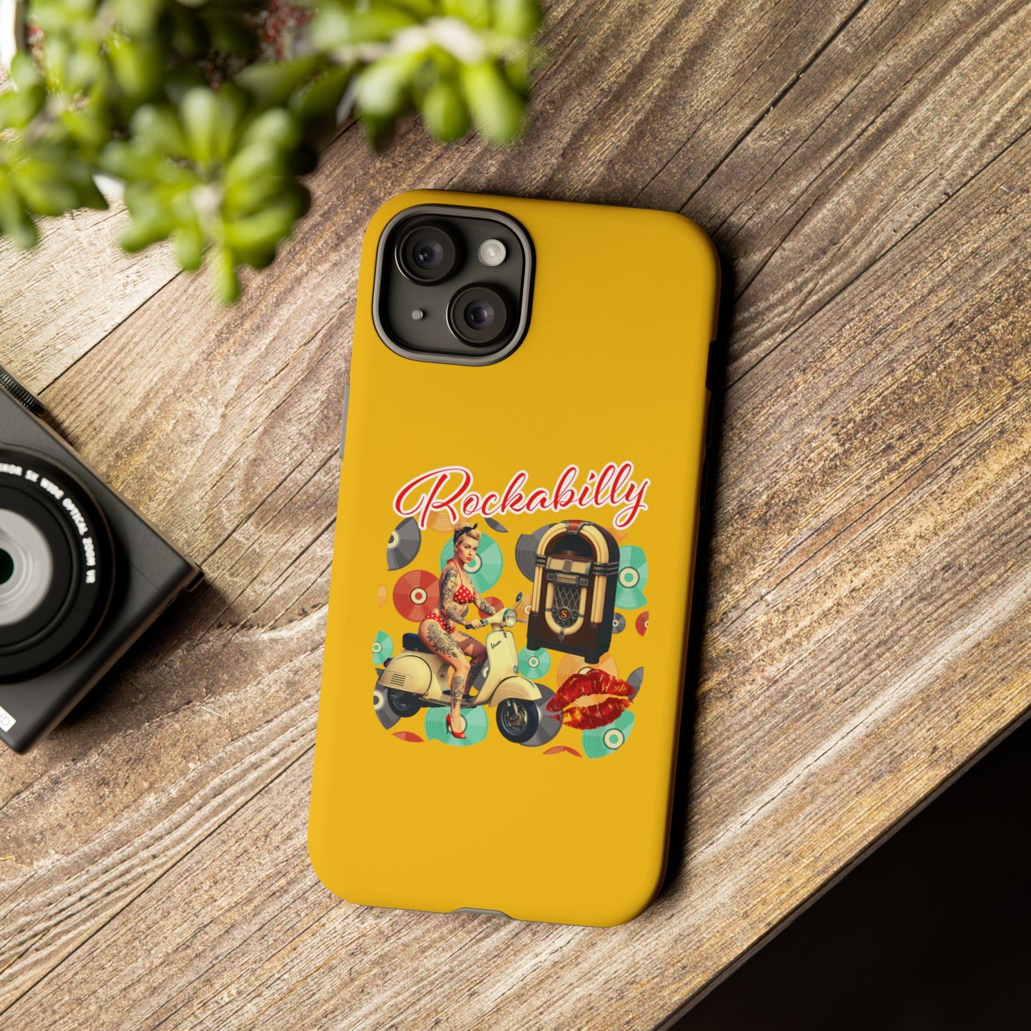 Rockabilly Phone Case, Vintage Scooter Design, Retro Style Cover, Fun Gift for Music Lovers, Yellow Tough Cases