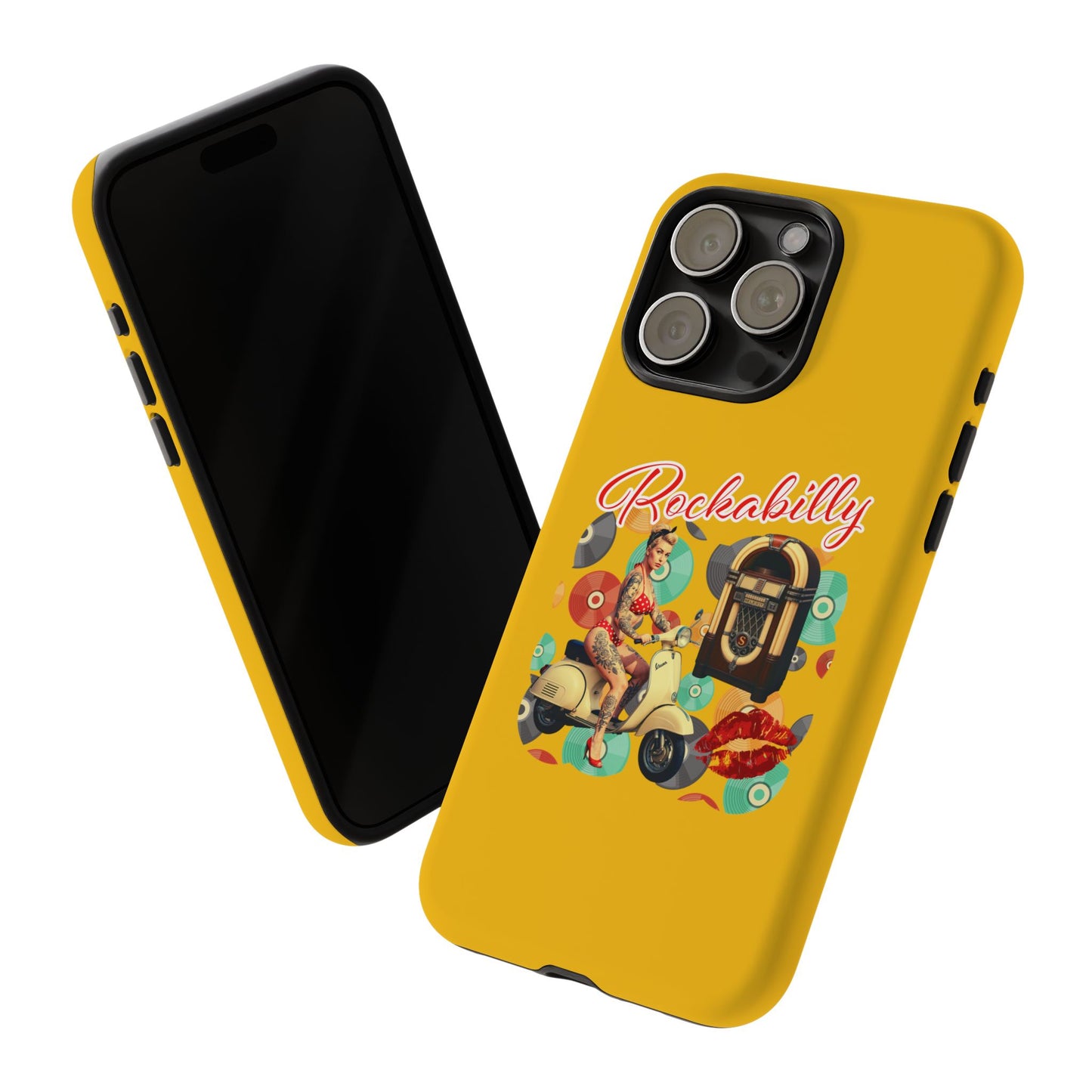 Rockabilly Phone Case, Vintage Scooter Design, Retro Style Cover, Fun Gift for Music Lovers, Yellow Tough Cases