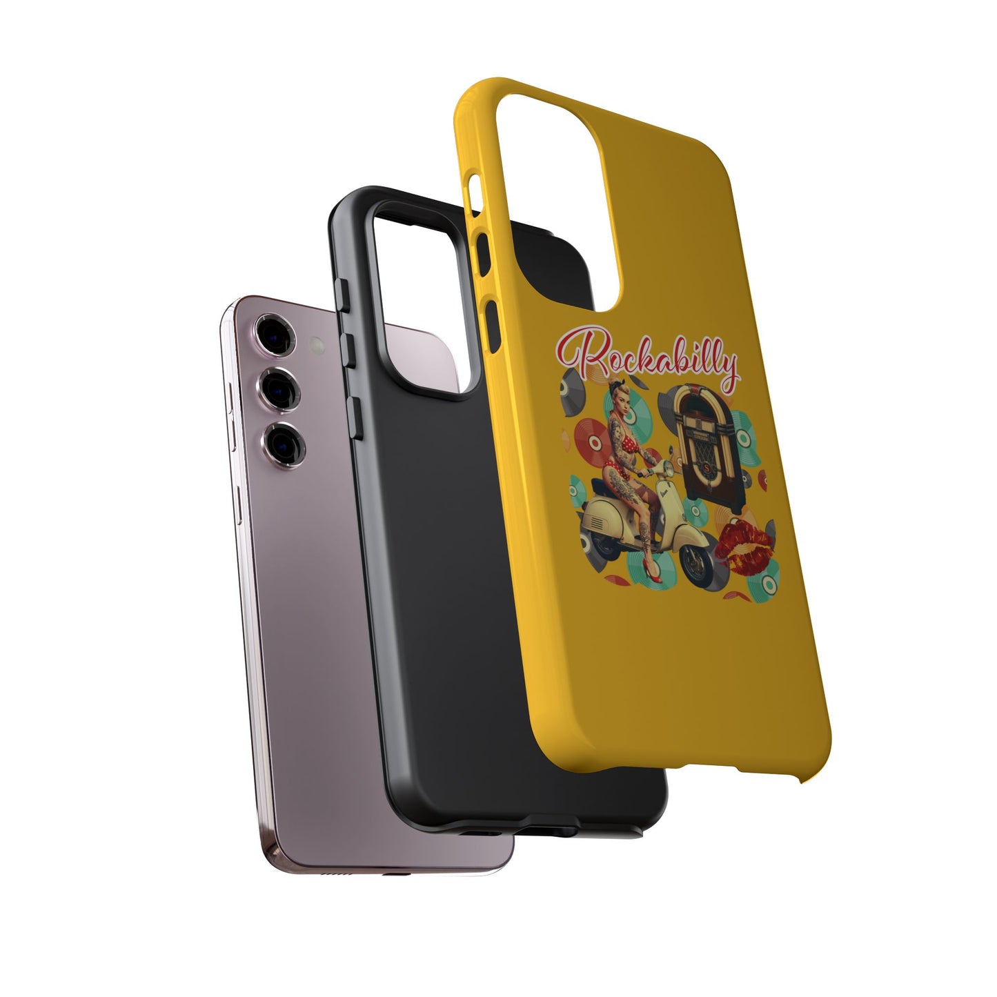 Rockabilly Phone Case, Vintage Scooter Design, Retro Style Cover, Fun Gift for Music Lovers, Yellow Tough Cases