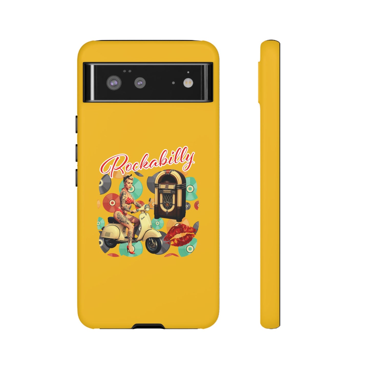 Rockabilly Phone Case, Vintage Scooter Design, Retro Style Cover, Fun Gift for Music Lovers, Yellow Tough Cases