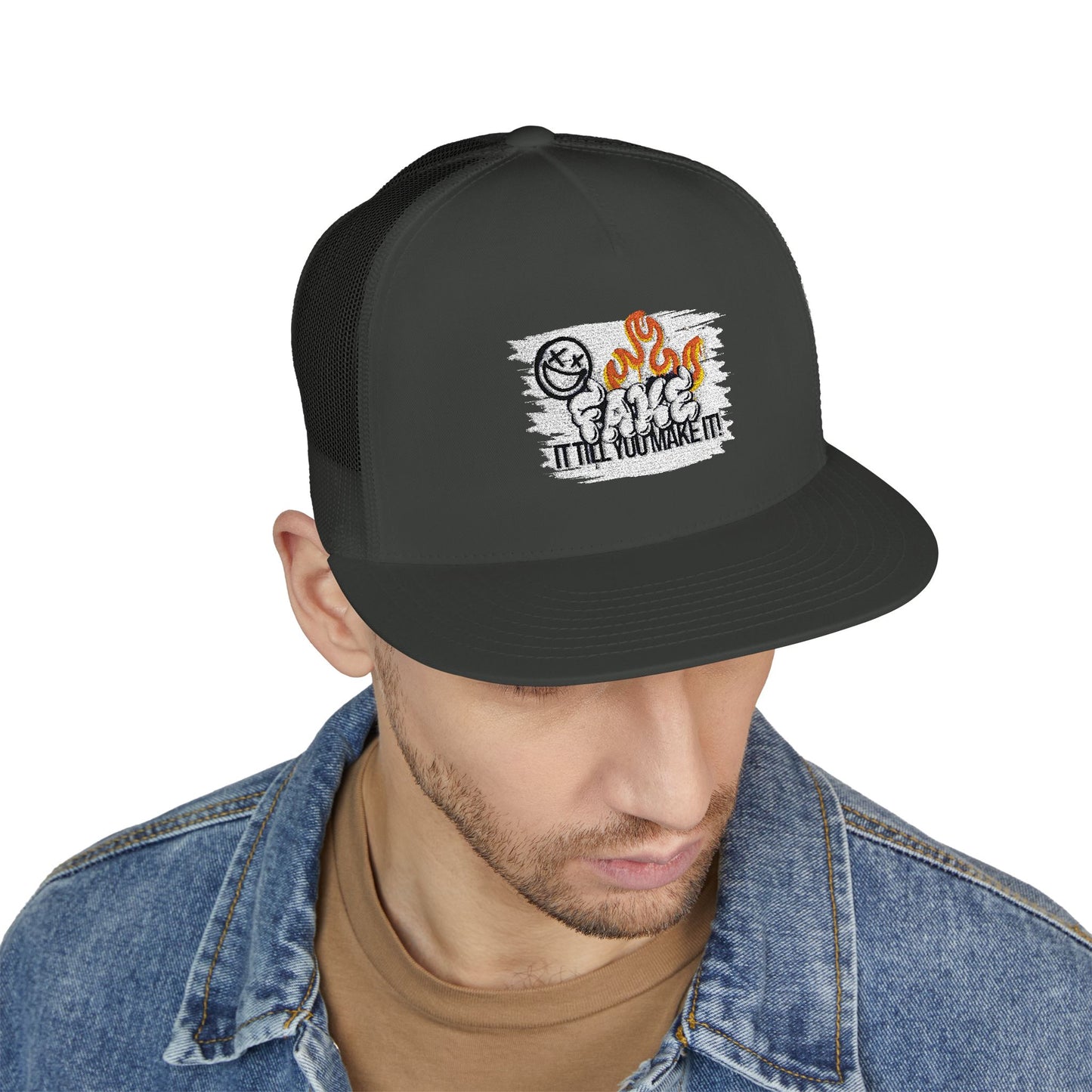 Embroidered 5 Panel Trucker Cap - Fake it til you make it