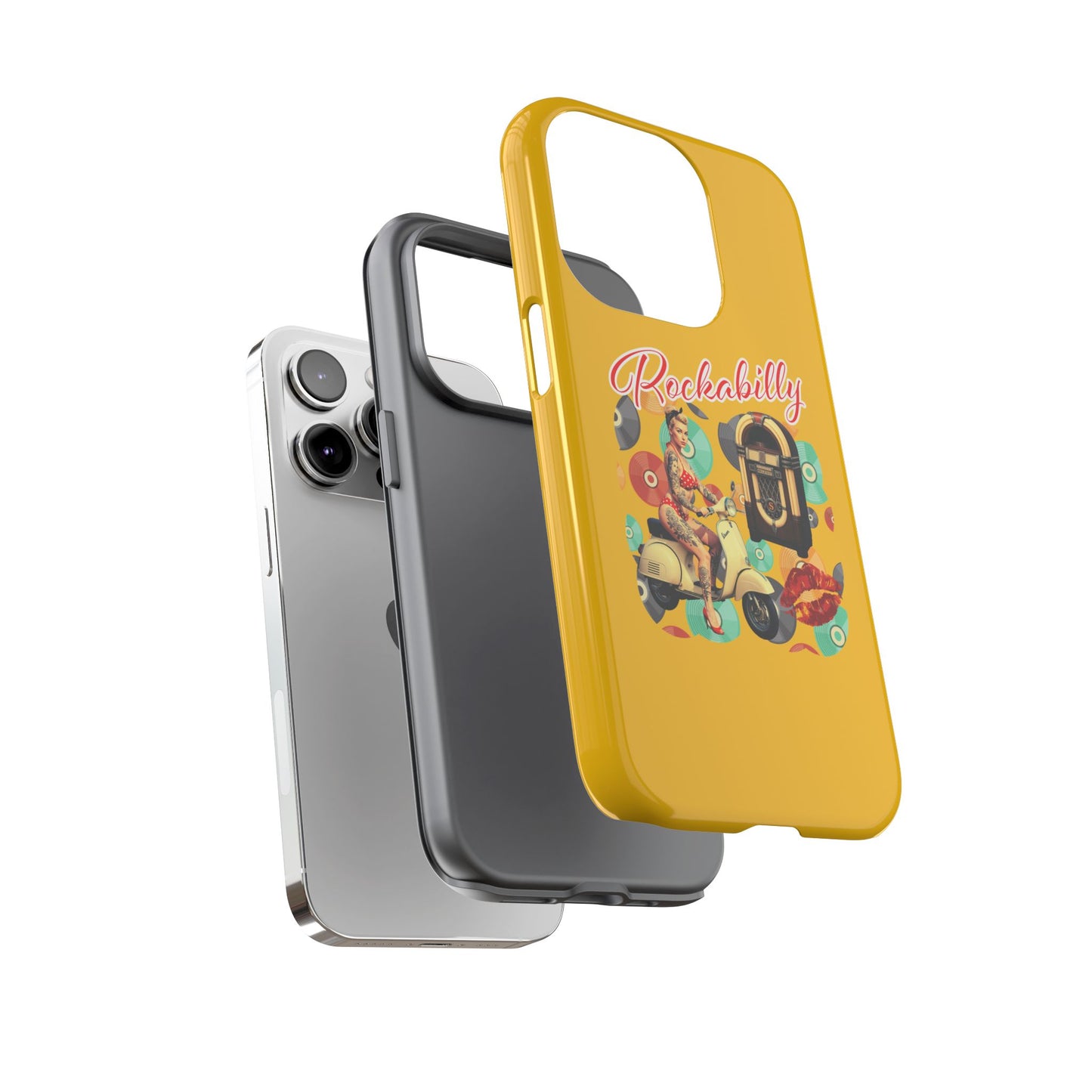 Rockabilly Phone Case, Vintage Scooter Design, Retro Style Cover, Fun Gift for Music Lovers, Yellow Tough Cases