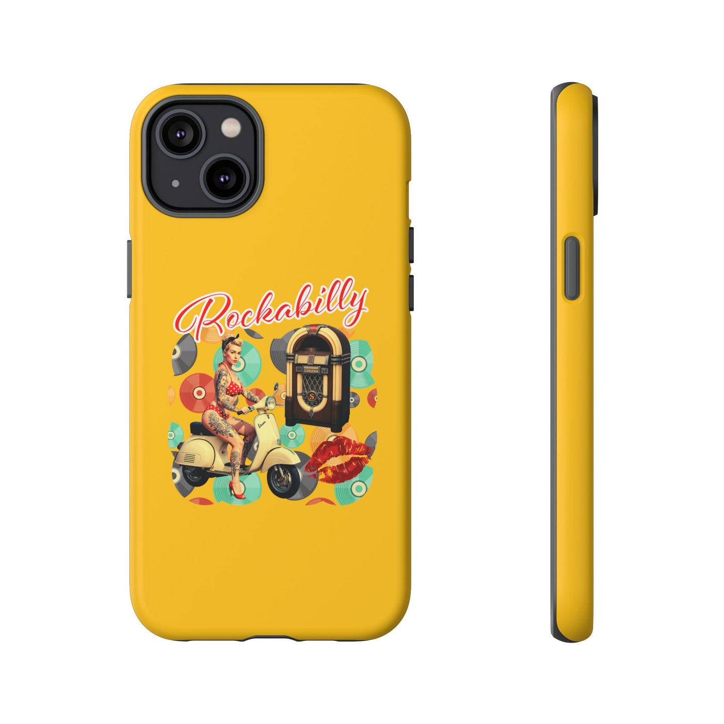 Rockabilly Phone Case, Vintage Scooter Design, Retro Style Cover, Fun Gift for Music Lovers, Yellow Tough Cases