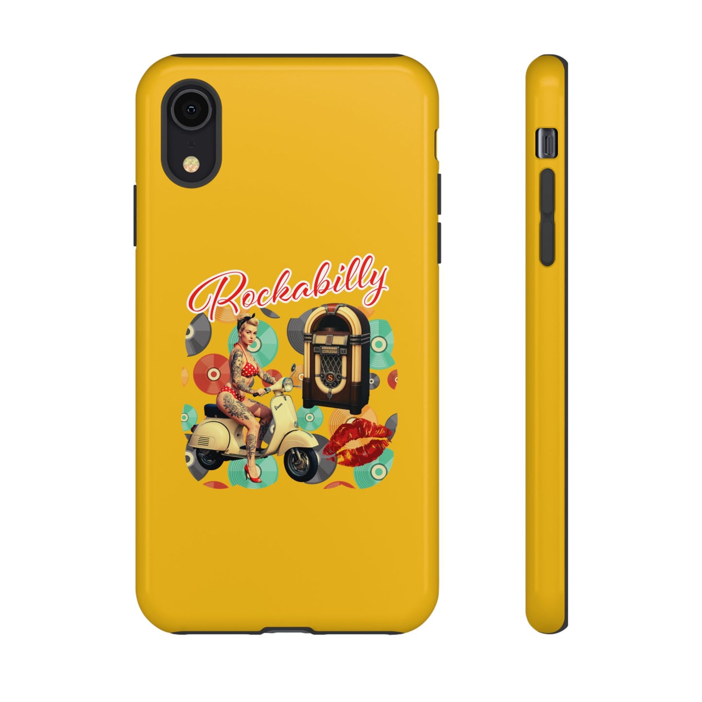 Rockabilly Phone Case, Vintage Scooter Design, Retro Style Cover, Fun Gift for Music Lovers, Yellow Tough Cases