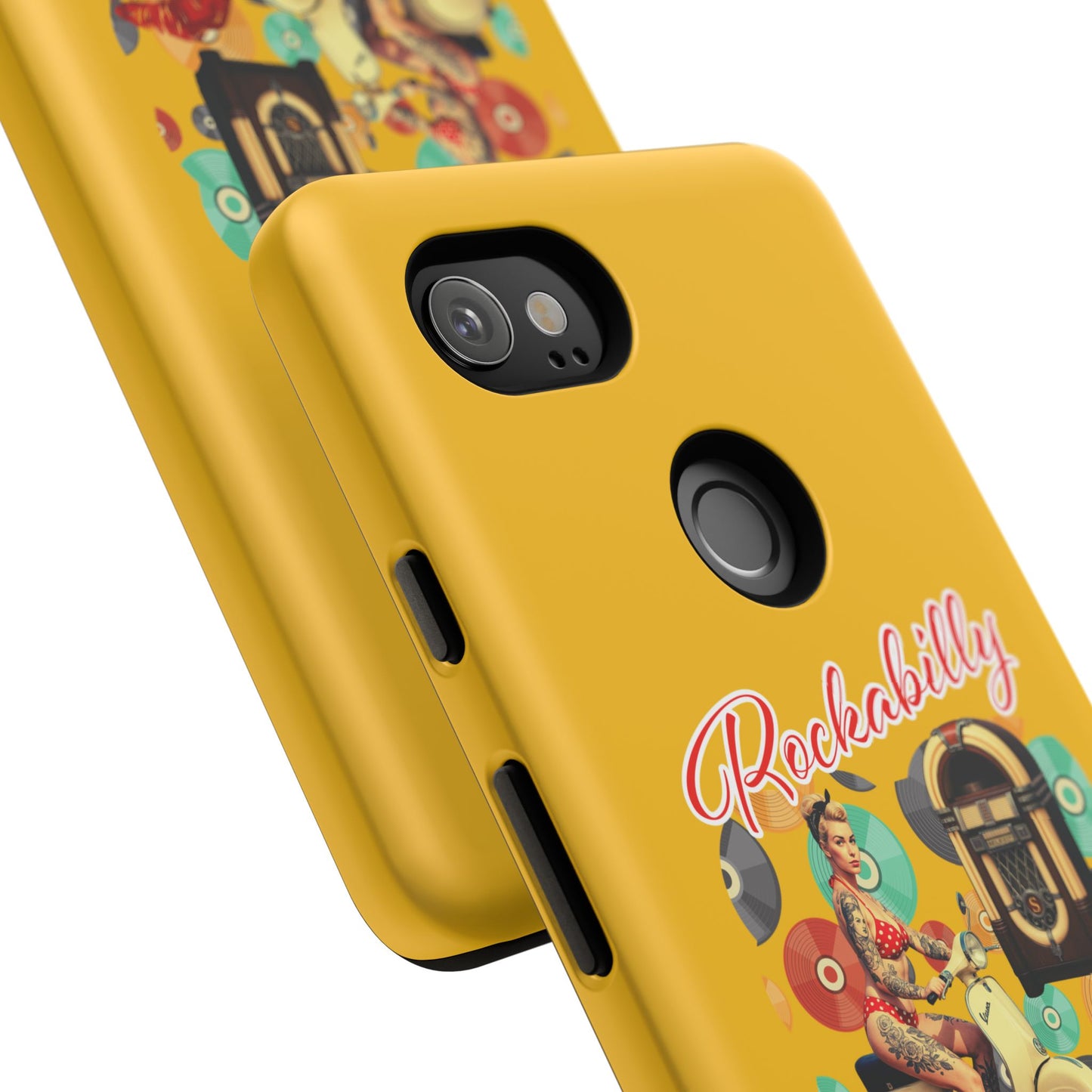 Rockabilly Phone Case, Vintage Scooter Design, Retro Style Cover, Fun Gift for Music Lovers, Yellow Tough Cases