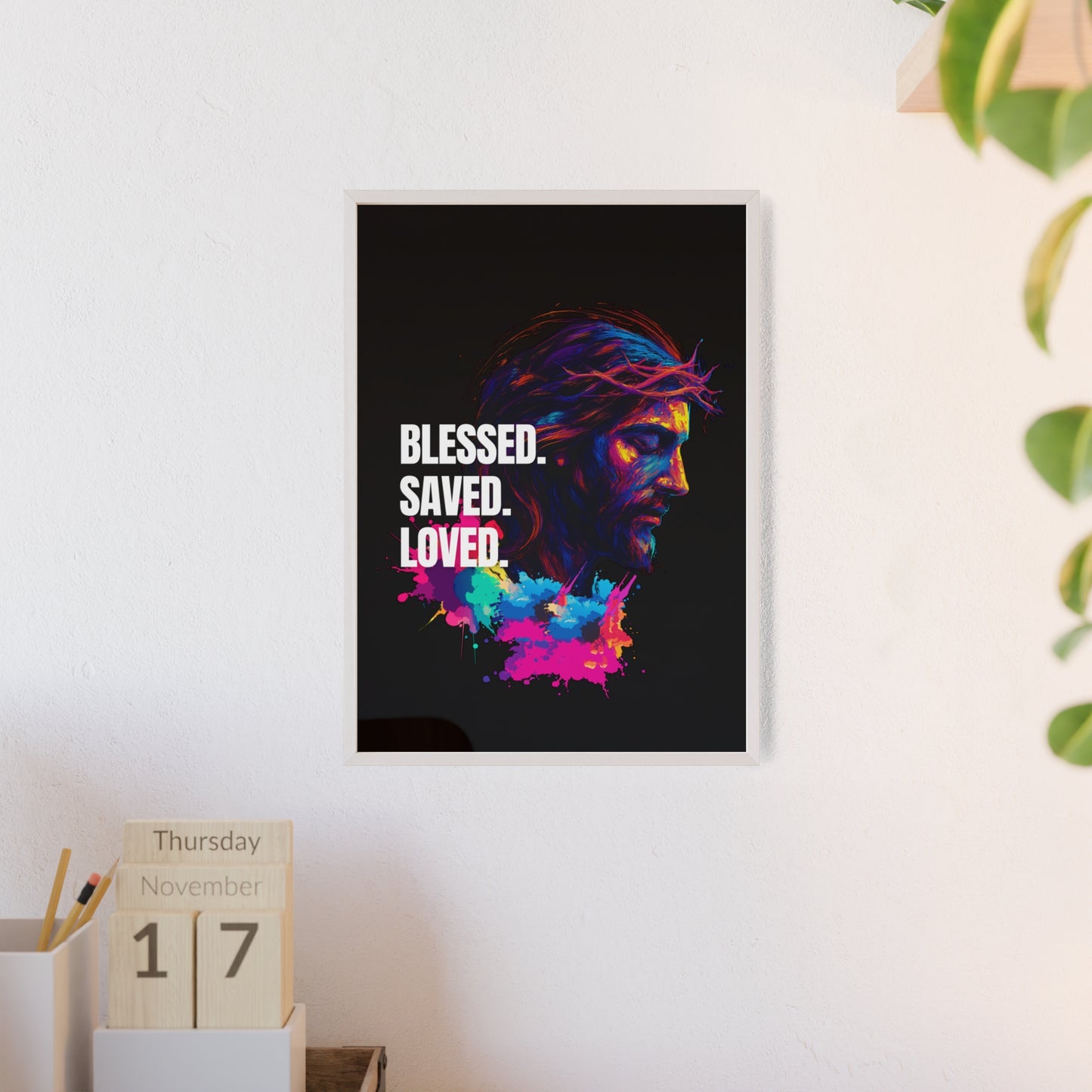 Inspirational Jesus Wall Art - 'Blessed, Saved, Loved' Poster with Wooden Frame