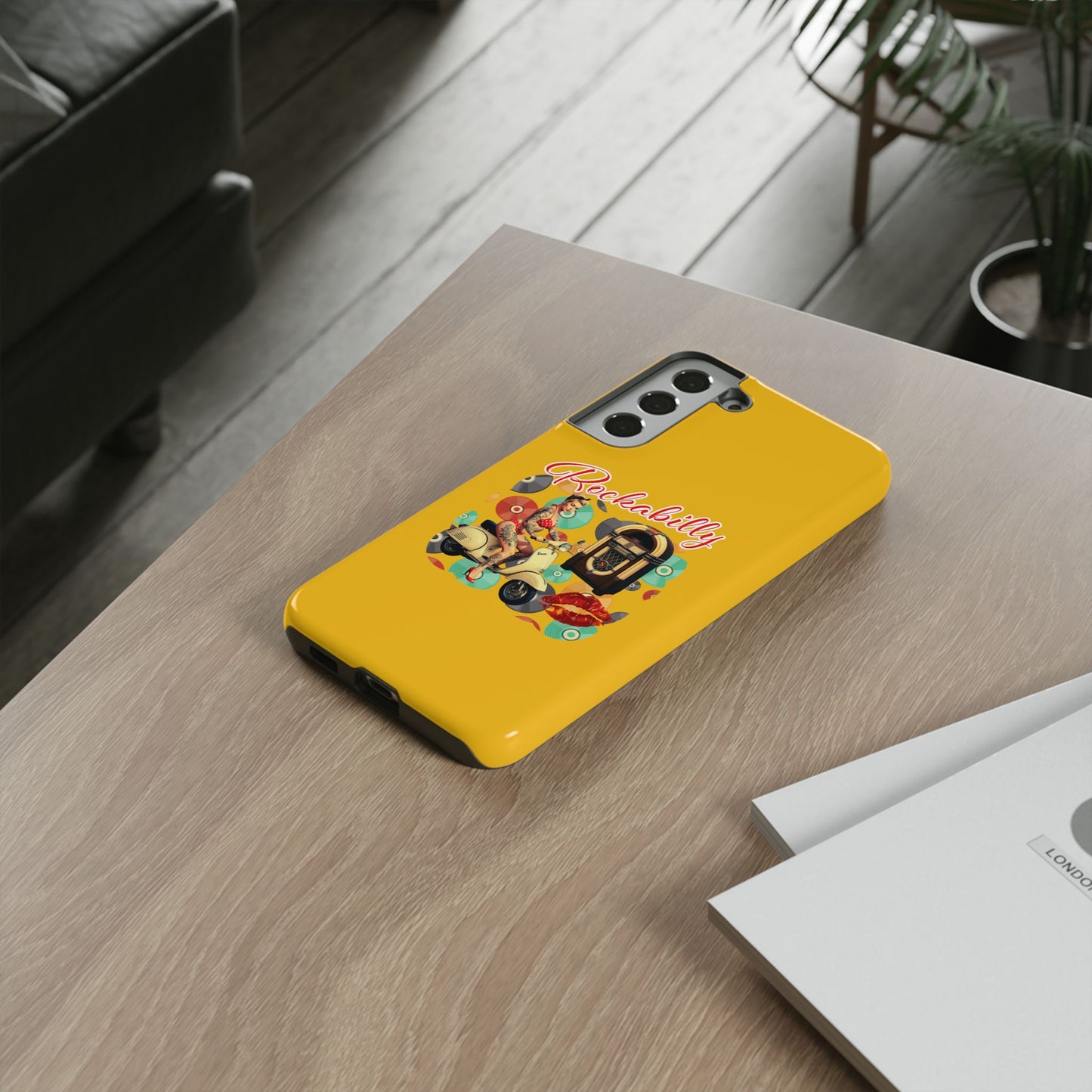 Rockabilly Phone Case, Vintage Scooter Design, Retro Style Cover, Fun Gift for Music Lovers, Yellow Tough Cases