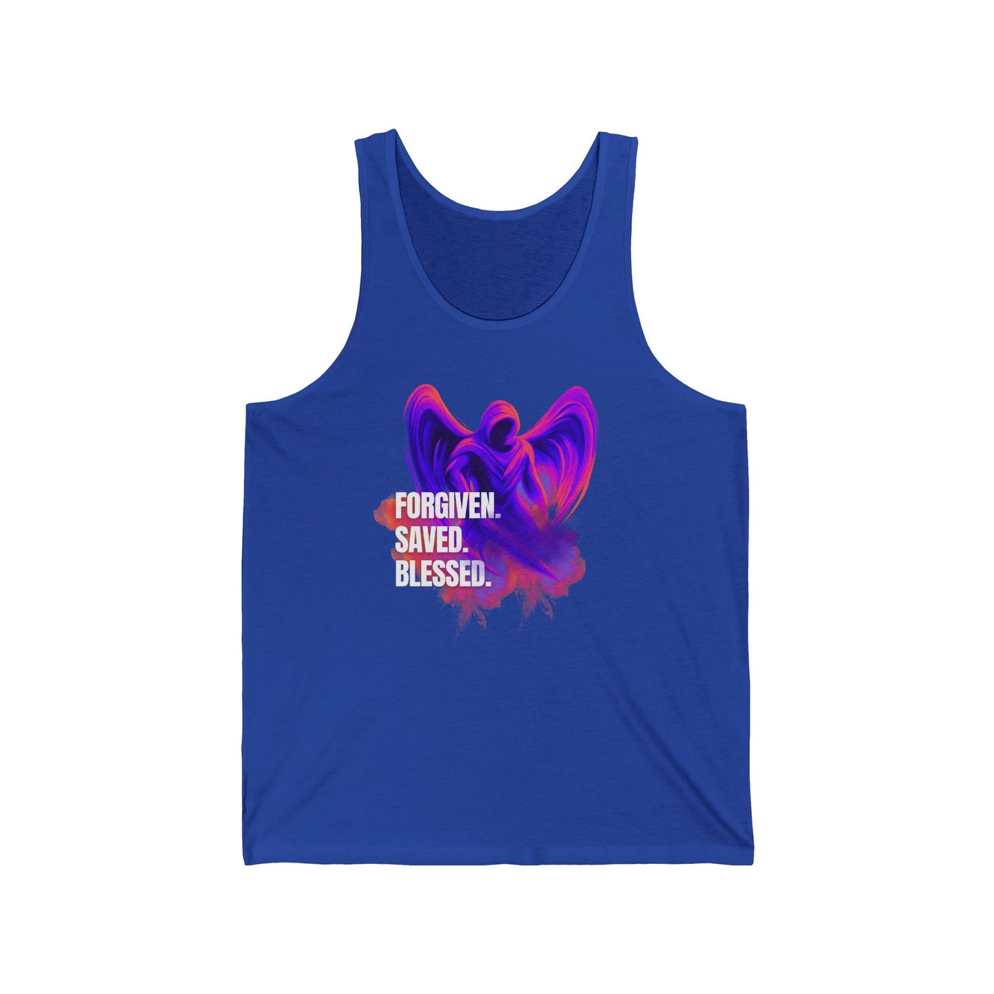 Spiritual Erzengel Unisex Jersey Tank - "Forgiven. Saved. Blessed." Inspirational Apparel