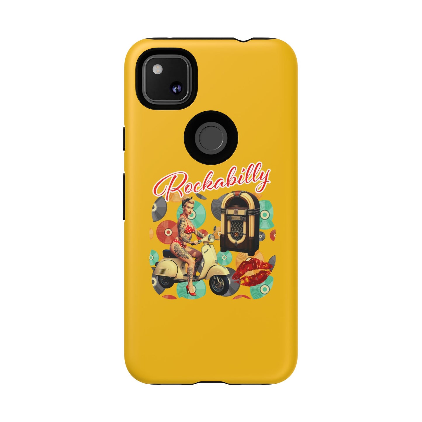 Rockabilly Phone Case, Vintage Scooter Design, Retro Style Cover, Fun Gift for Music Lovers, Yellow Tough Cases
