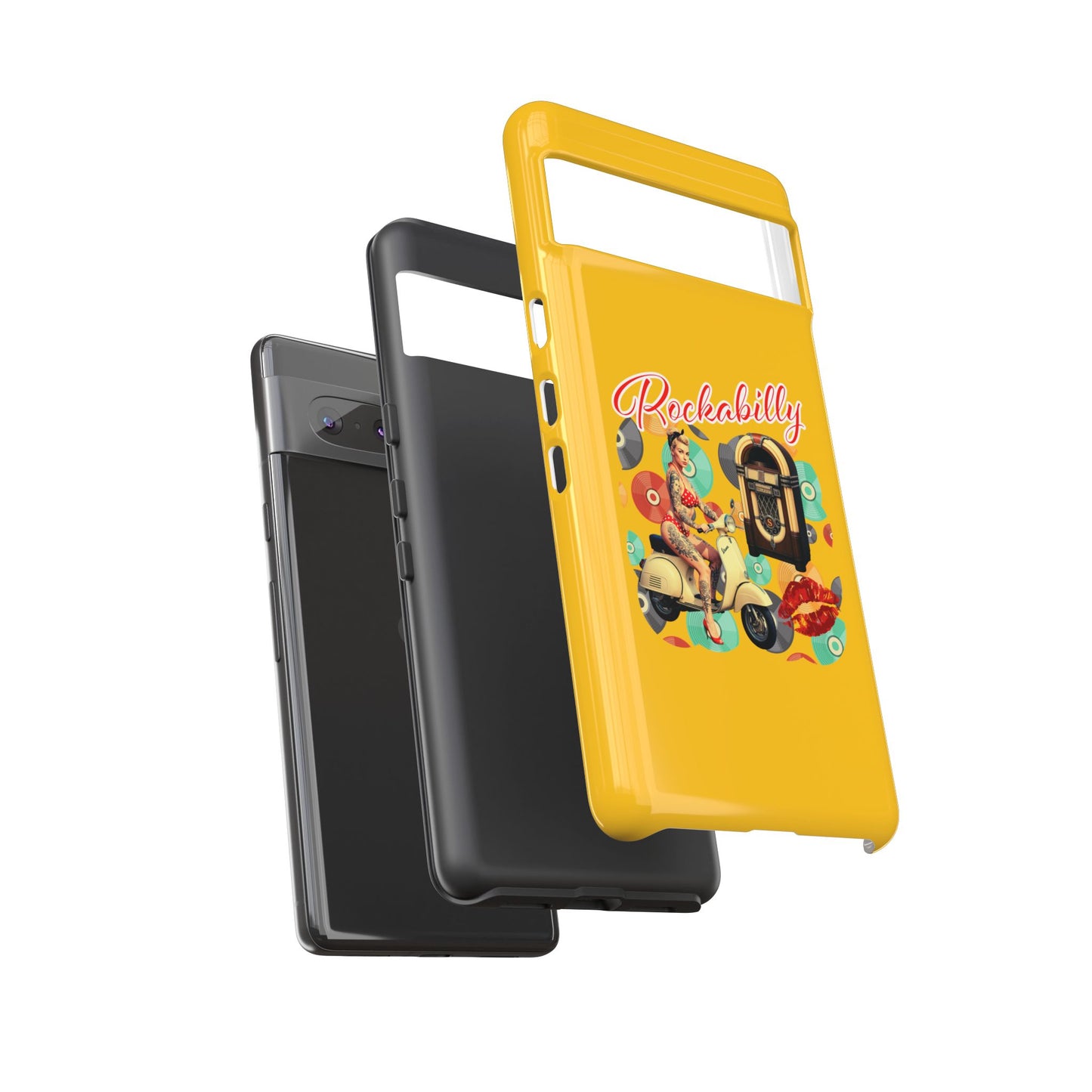 Rockabilly Phone Case, Vintage Scooter Design, Retro Style Cover, Fun Gift for Music Lovers, Yellow Tough Cases