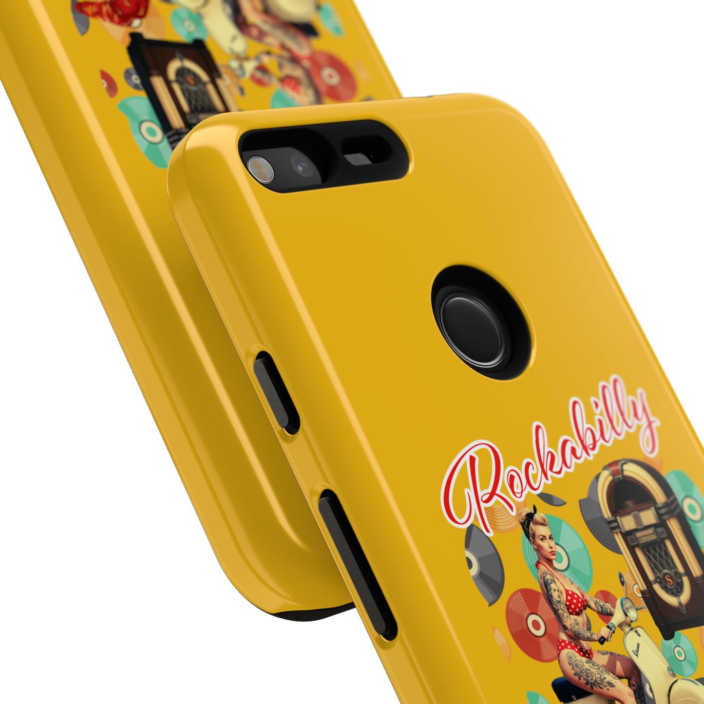 Rockabilly Phone Case, Vintage Scooter Design, Retro Style Cover, Fun Gift for Music Lovers, Yellow Tough Cases