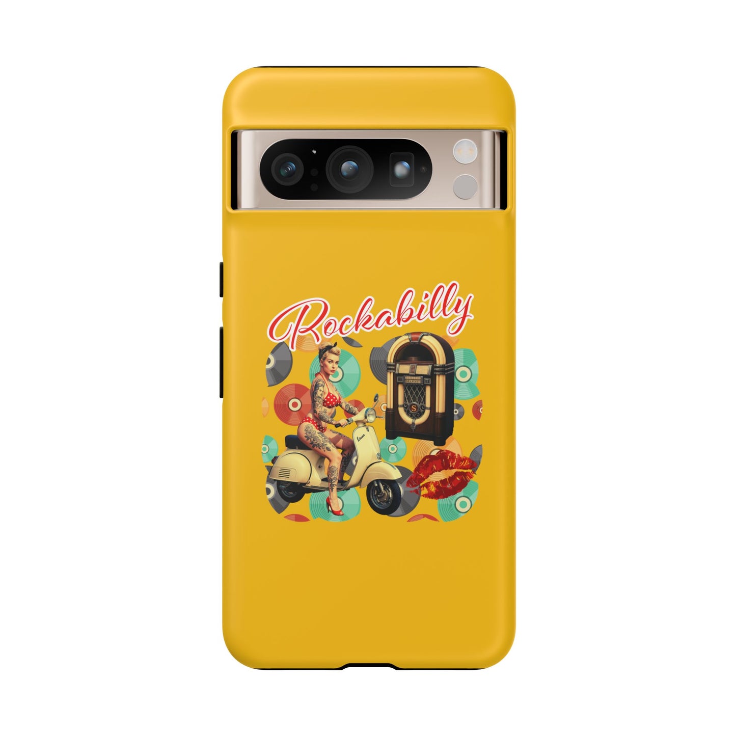 Rockabilly Phone Case, Vintage Scooter Design, Retro Style Cover, Fun Gift for Music Lovers, Yellow Tough Cases