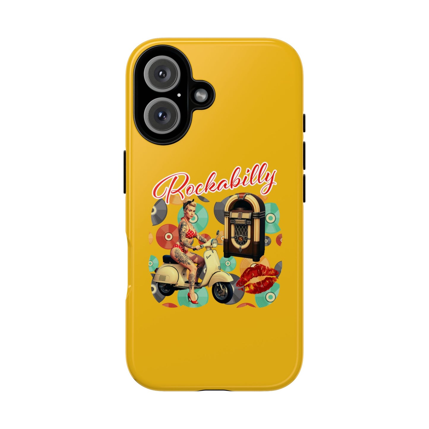 Rockabilly Phone Case, Vintage Scooter Design, Retro Style Cover, Fun Gift for Music Lovers, Yellow Tough Cases