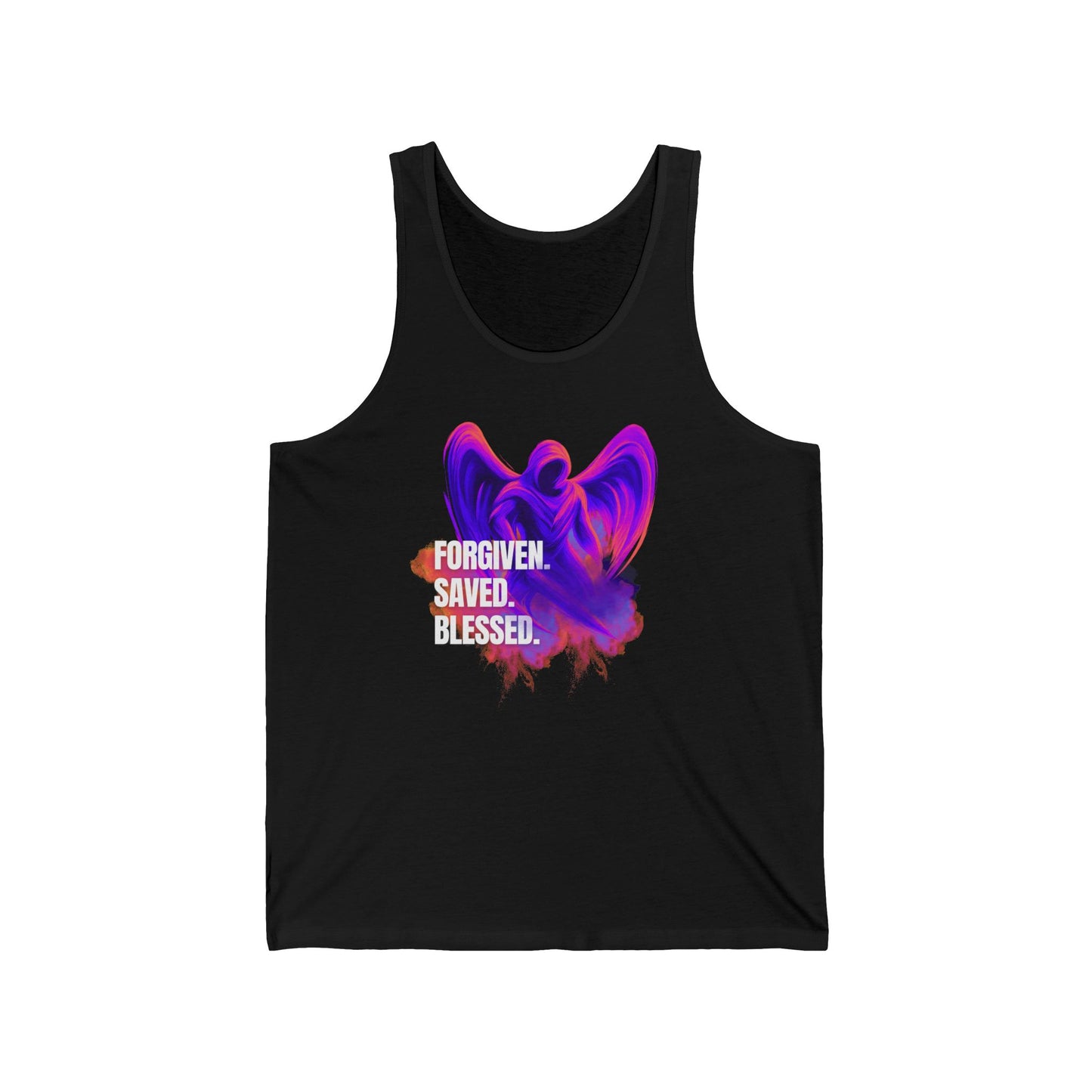 Spiritual Erzengel Unisex Jersey Tank - "Forgiven. Saved. Blessed." Inspirational Apparel