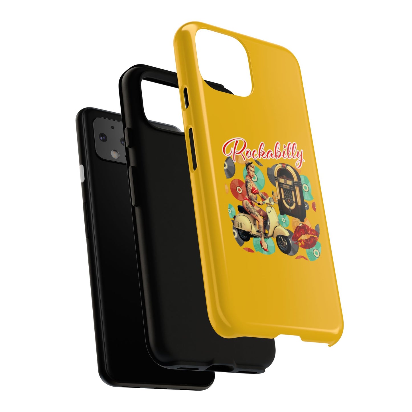 Rockabilly Phone Case, Vintage Scooter Design, Retro Style Cover, Fun Gift for Music Lovers, Yellow Tough Cases