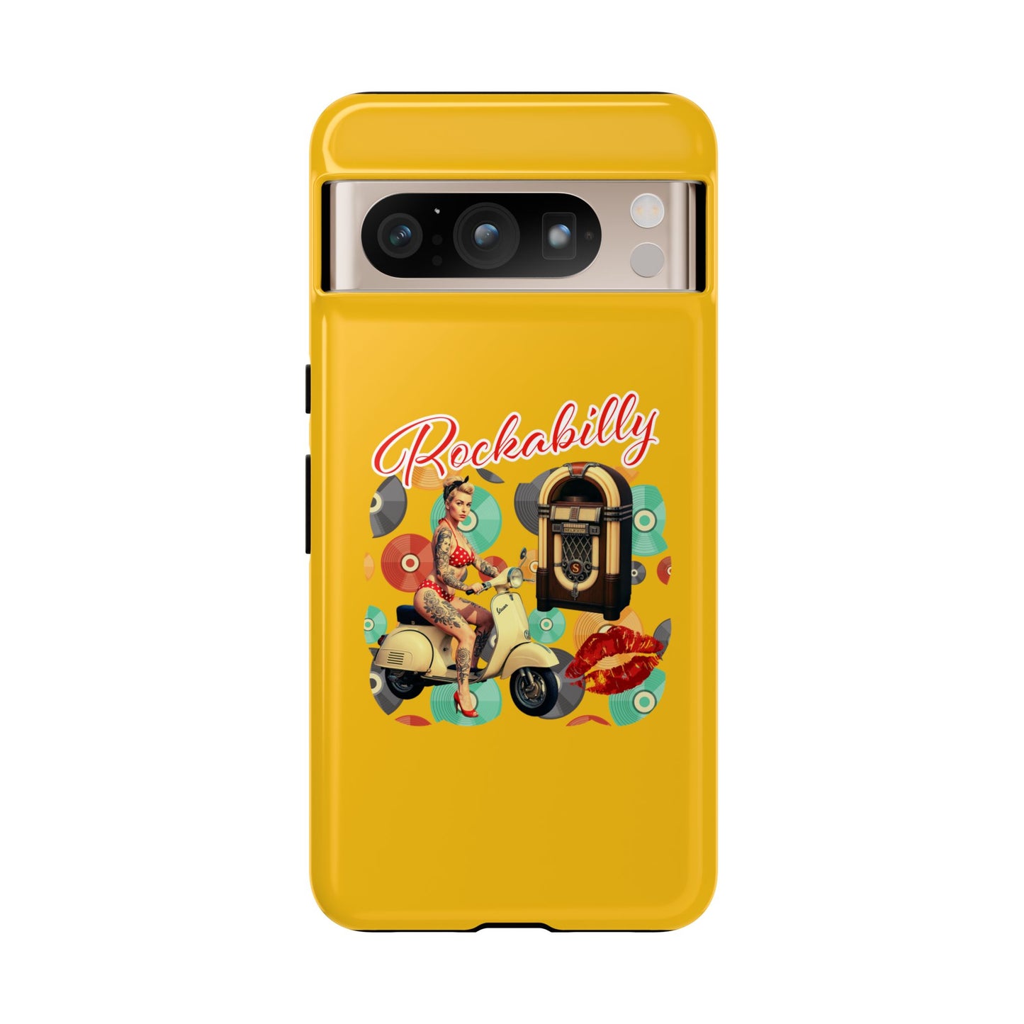 Rockabilly Phone Case, Vintage Scooter Design, Retro Style Cover, Fun Gift for Music Lovers, Yellow Tough Cases