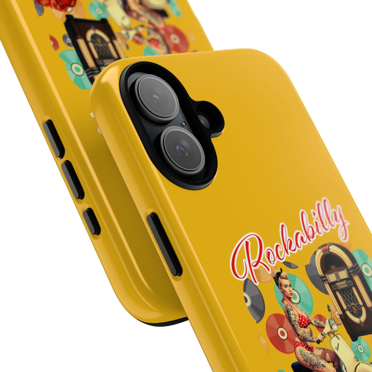 Rockabilly Phone Case, Vintage Scooter Design, Retro Style Cover, Fun Gift for Music Lovers, Yellow Tough Cases