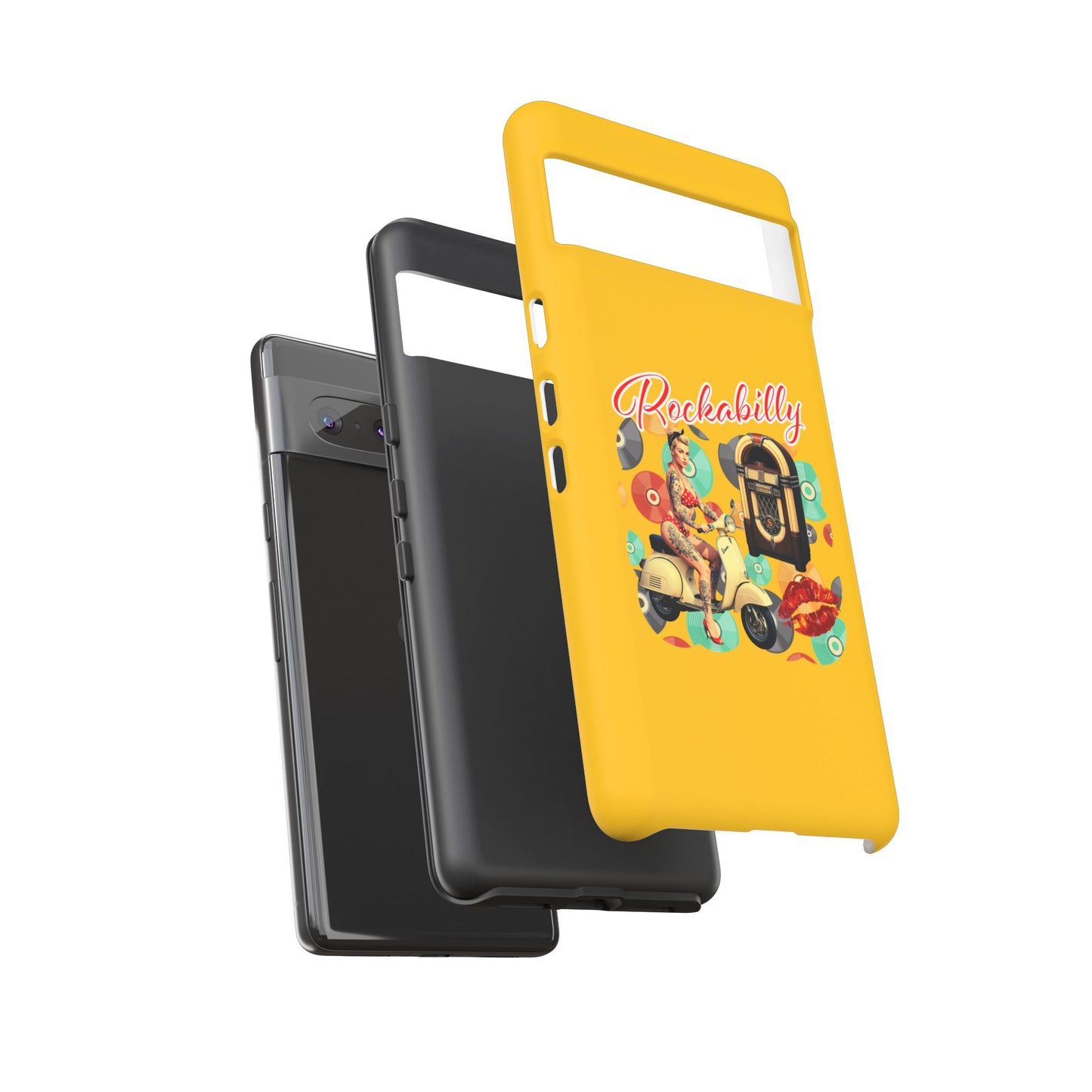 Rockabilly Phone Case, Vintage Scooter Design, Retro Style Cover, Fun Gift for Music Lovers, Yellow Tough Cases